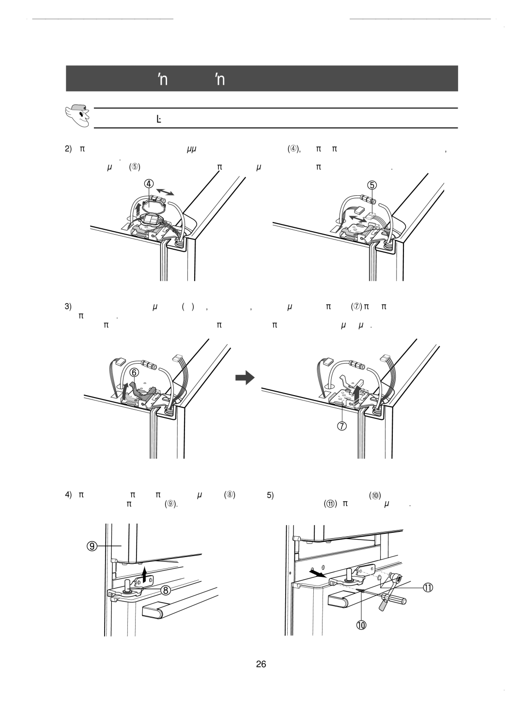 Samsung RM25KGRS1/EUR manual Ανασηκώστε την προσεκτικά ➈, Ποσυνδέστε την πόρτα α πό τον κάτω μεντεσέ ➇ και 