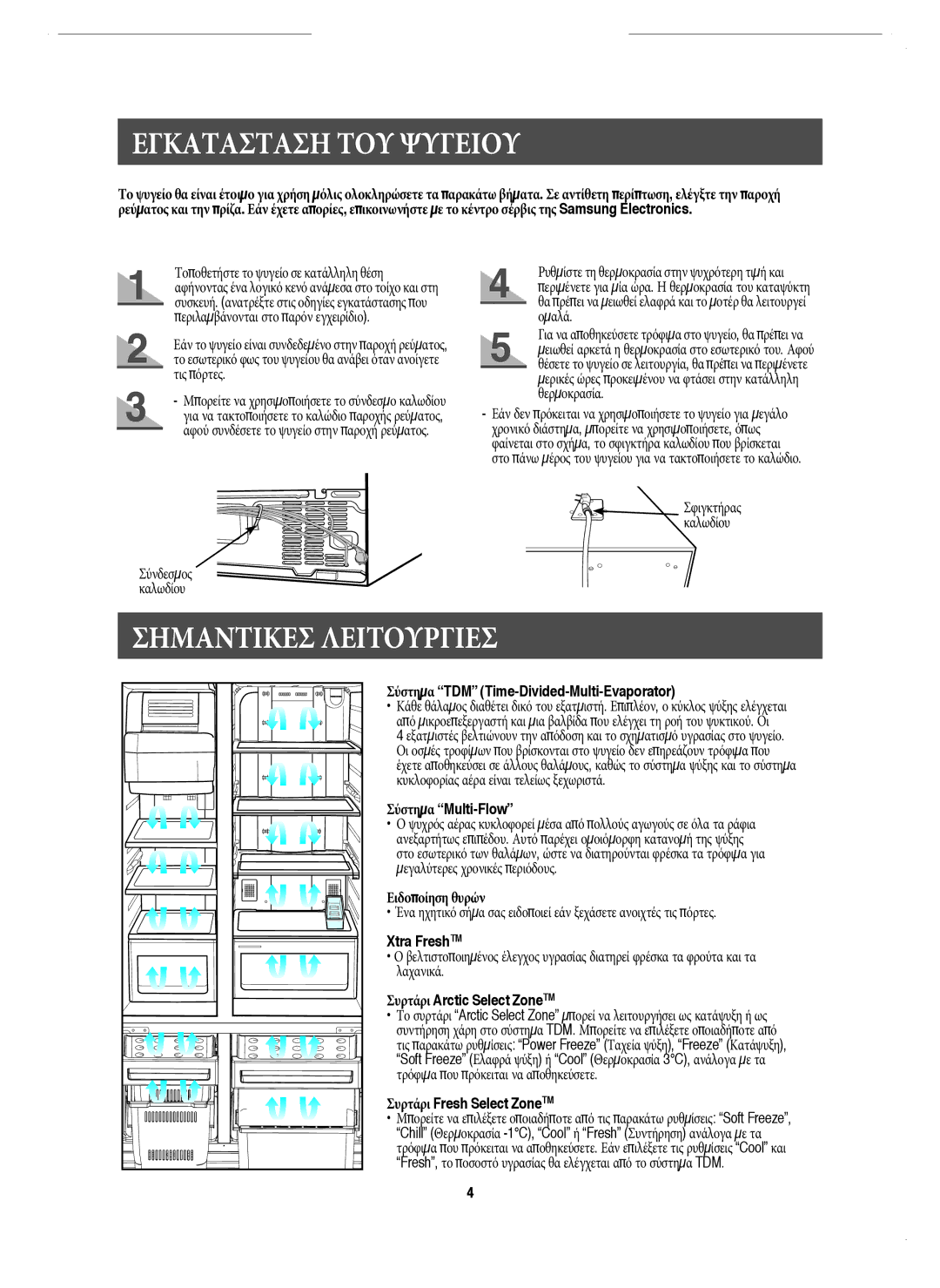 Samsung RM25KGRS1/EUR manual Εγκατασταση ΤΟΥ Ψυγειου, Σημαντικεσ Λειτουργιεσ 