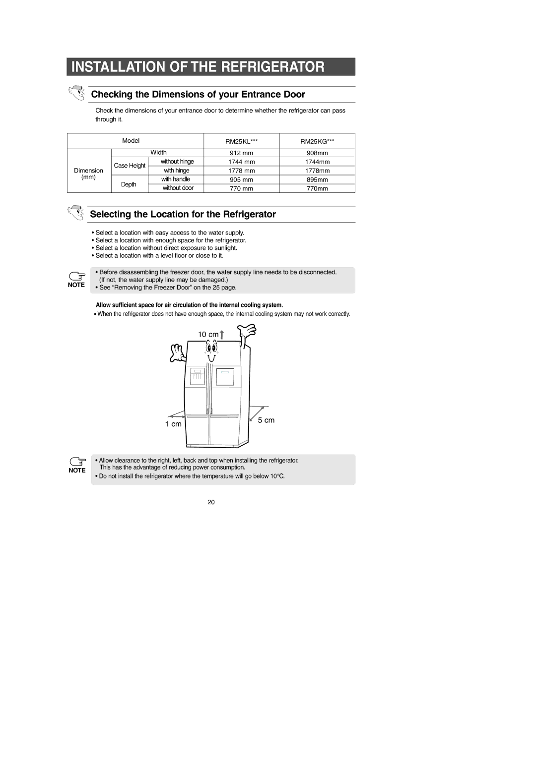 Samsung RM25KGRS1/SAL, RM25KGRS1/TAC manual Installation of the Refrigerator, Checking the Dimensions of your Entrance Door 