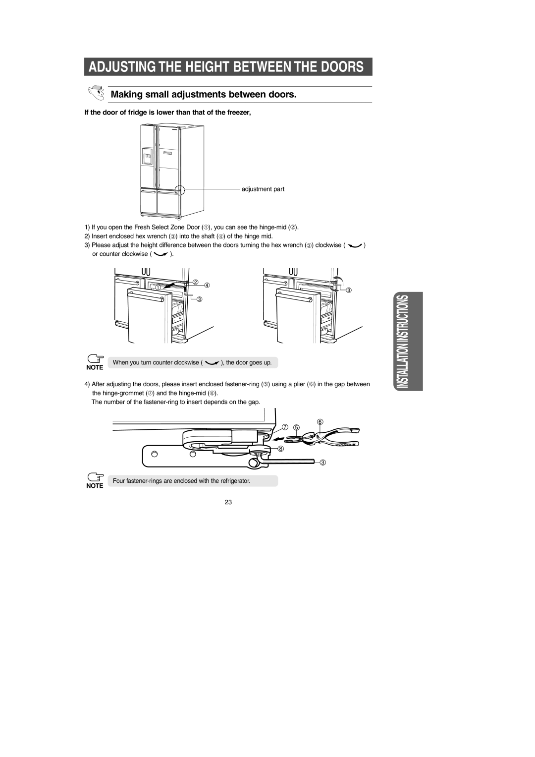 Samsung RM25KGRS1/XET, RM25KGRS1/TAC manual Adjusting the Height Between the Doors, Making small adjustments between doors 