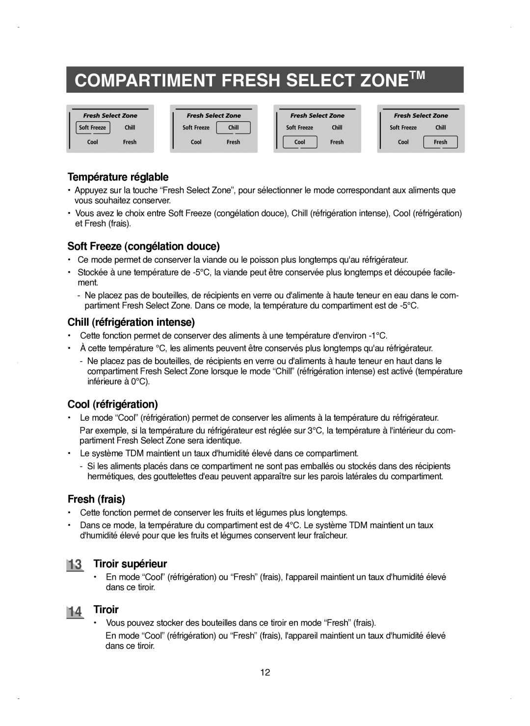 Samsung RM25KGRS1/XEF manual Compartiment Fresh Select Zonetm, Chill réfrigération intense, Fresh frais 