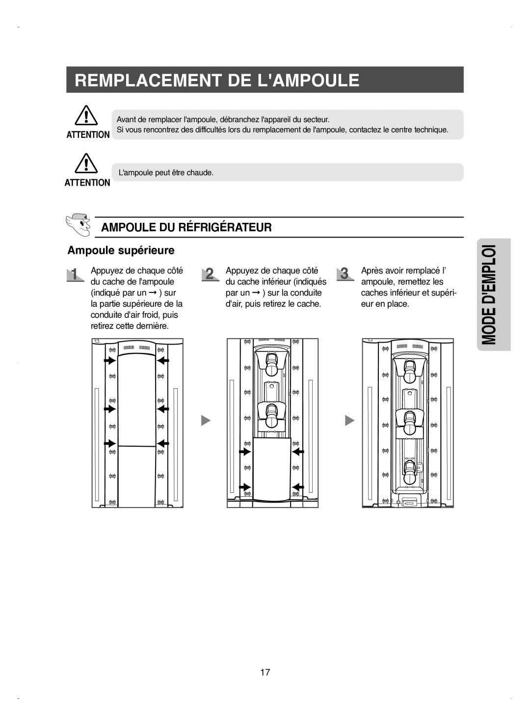 Samsung RM25KGRS1/XEF manual Remplacement DE Lampoule, Ampoule DU Réfrigérateur, Ampoule supérieure 