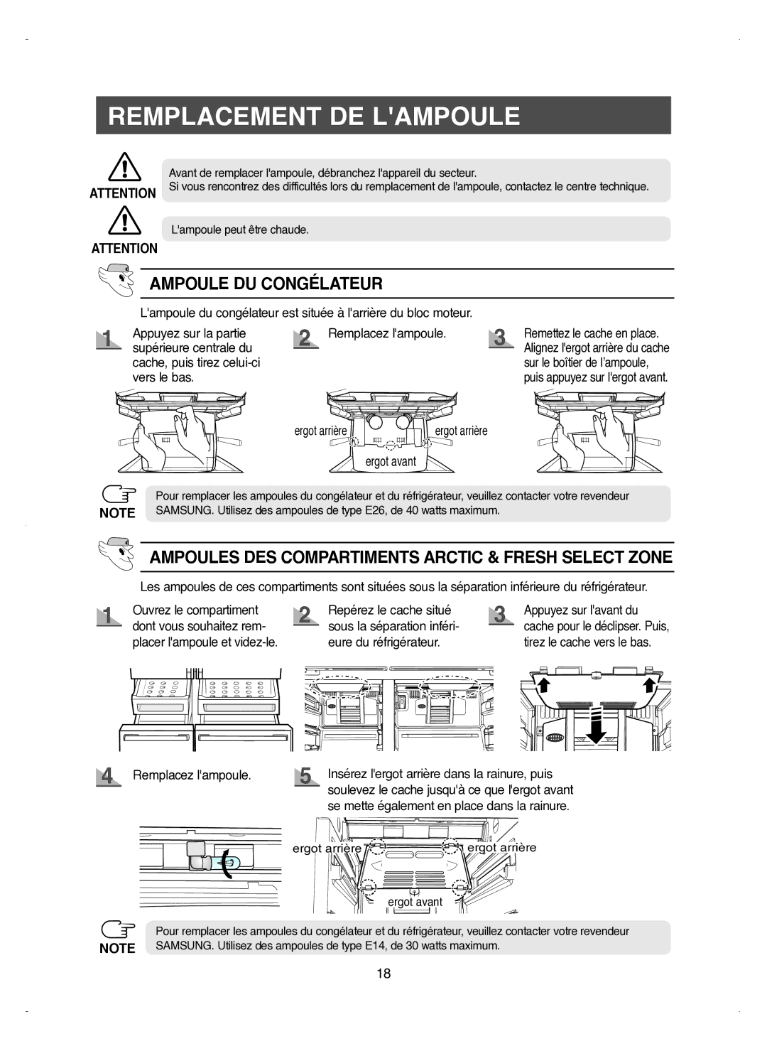 Samsung RM25KGRS1/XEF manual Ampoule DU Congélateur, Ampoules DES Compartiments Arctic & Fresh Select Zone 