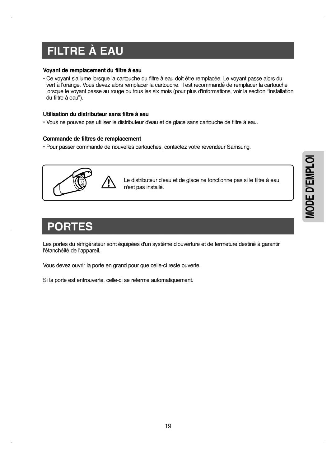 Samsung RM25KGRS1/XEF Filtre À EAU, Portes, Voyant de remplacement du filtre à eau, Commande de filtres de remplacement 