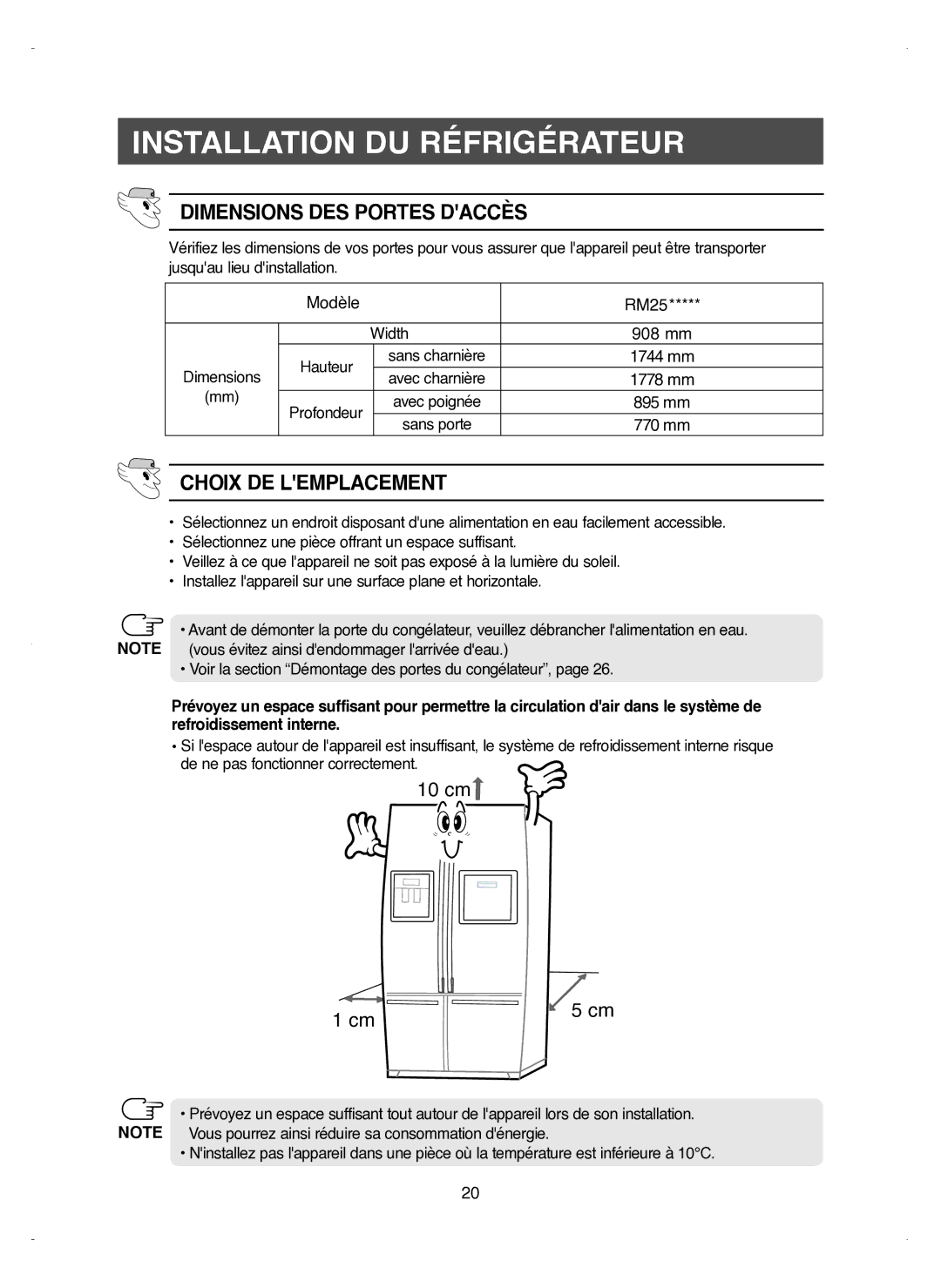 Samsung RM25KGRS1/XEF manual Installation DU Réfrigérateur, Dimensions DES Portes Daccès, Choix DE Lemplacement 