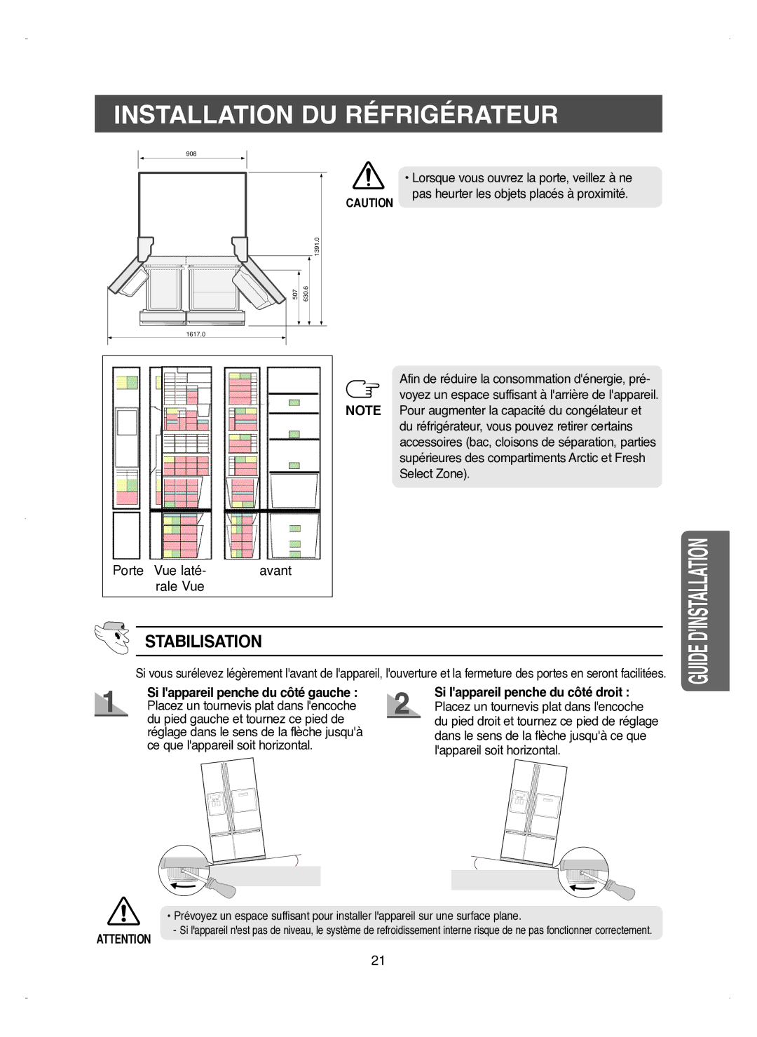 Samsung RM25KGRS1/XEF manual Stabilisation, Porte Vue laté Avant Rale Vue 