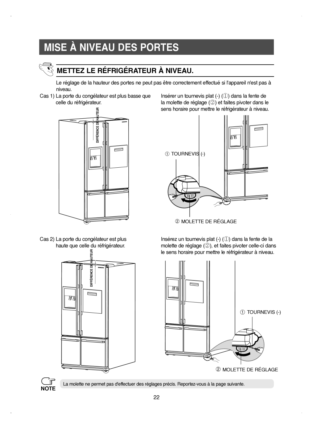 Samsung RM25KGRS1/XEF manual Mise À Niveau DES Portes, Mettez LE Réfrigérateur À Niveau 