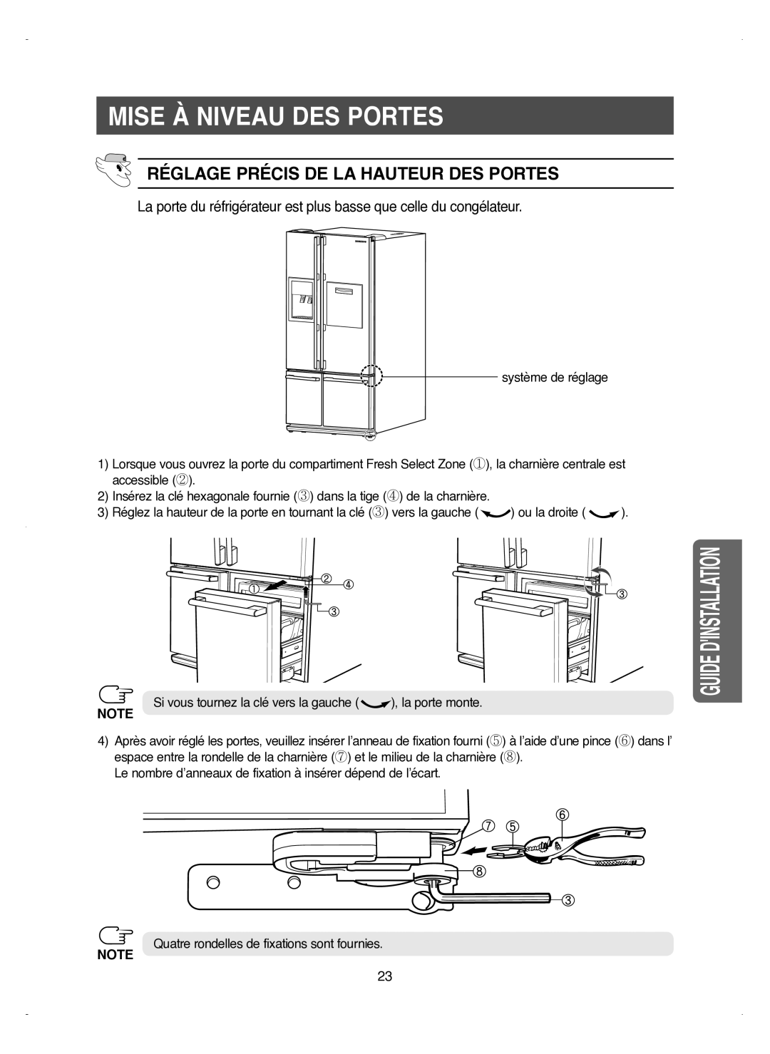 Samsung RM25KGRS1/XEF manual Réglage Précis DE LA Hauteur DES Portes 