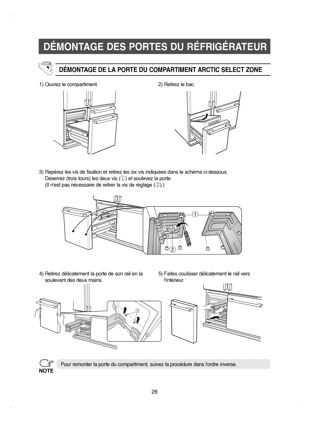 Samsung RM25KGRS1/XEF manual Démontage DE LA Porte DU Compartiment Arctic Select Zone 