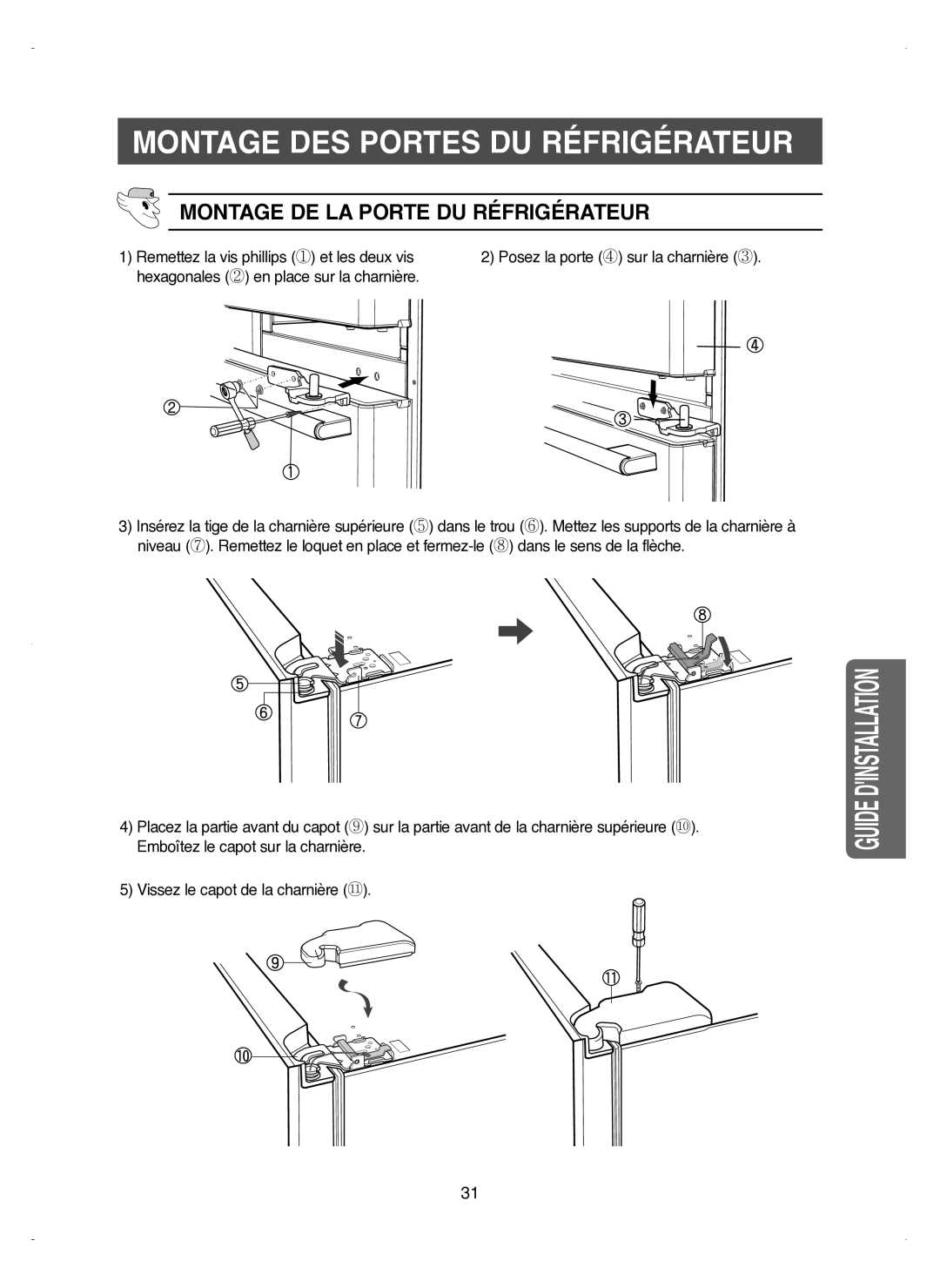 Samsung RM25KGRS1/XEF manual Montage DE LA Porte DU Réfrigérateur 