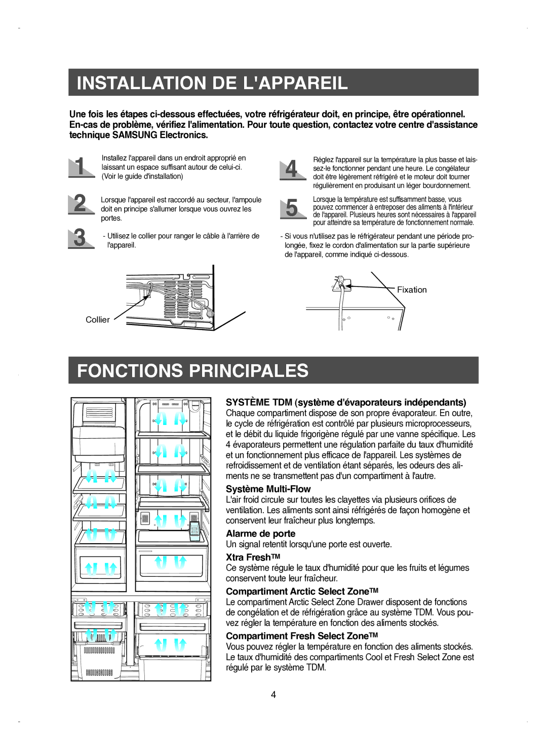 Samsung RM25KGRS1/XEF manual Installation DE Lappareil, Fonctions Principales 