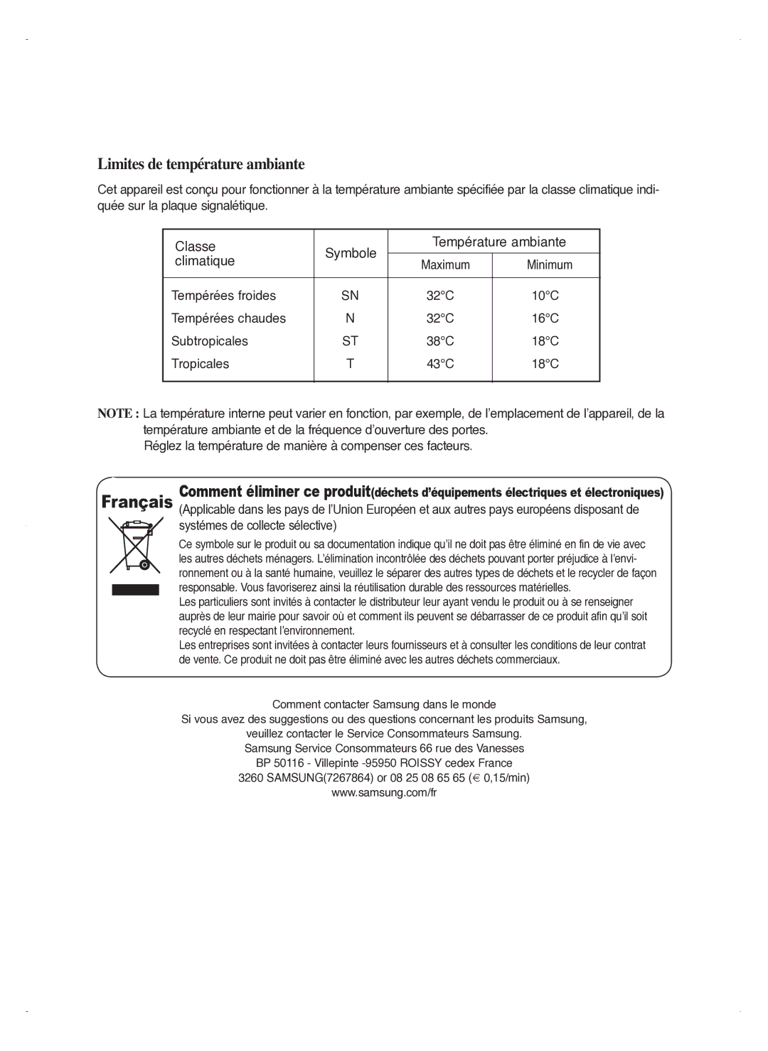 Samsung RM25KGRS1/XEF manual Limites de température ambiante 