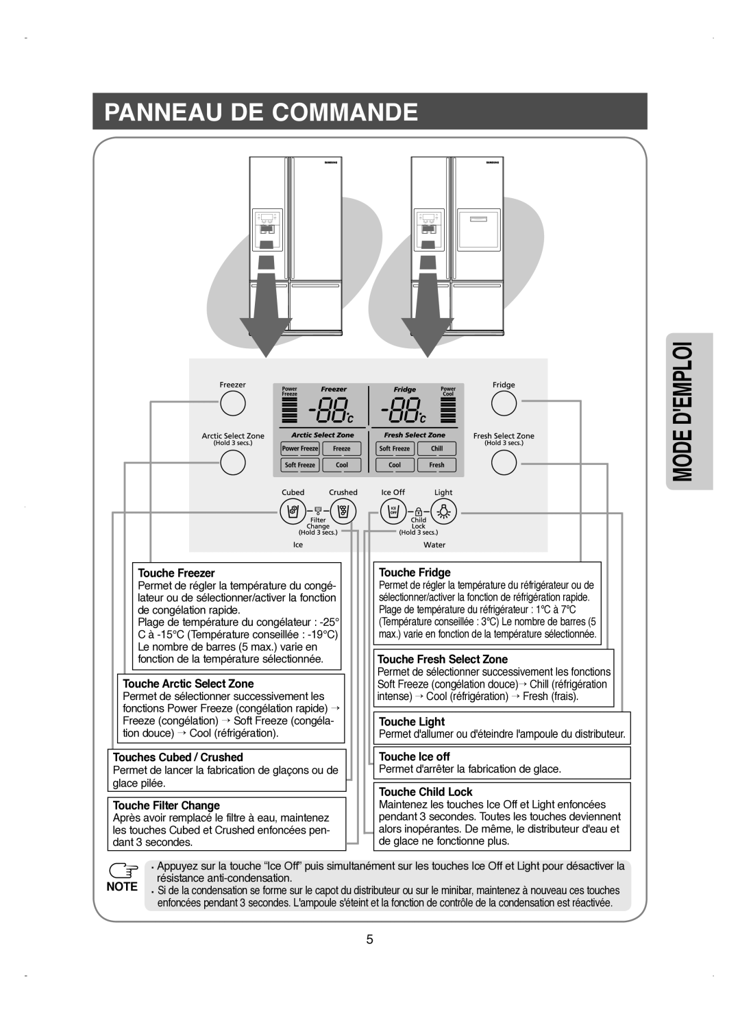 Samsung RM25KGRS1/XEF manual Panneau DE Commande, Touche Freezer 