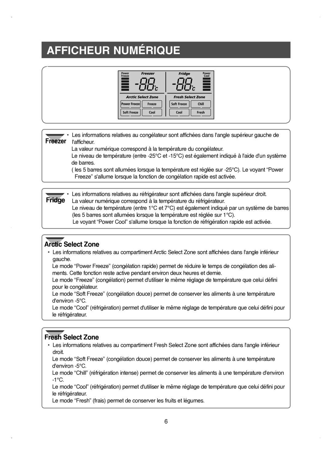 Samsung RM25KGRS1/XEF manual Afficheur Numérique, Fridge, Arctic Select Zone, Fresh Select Zone 