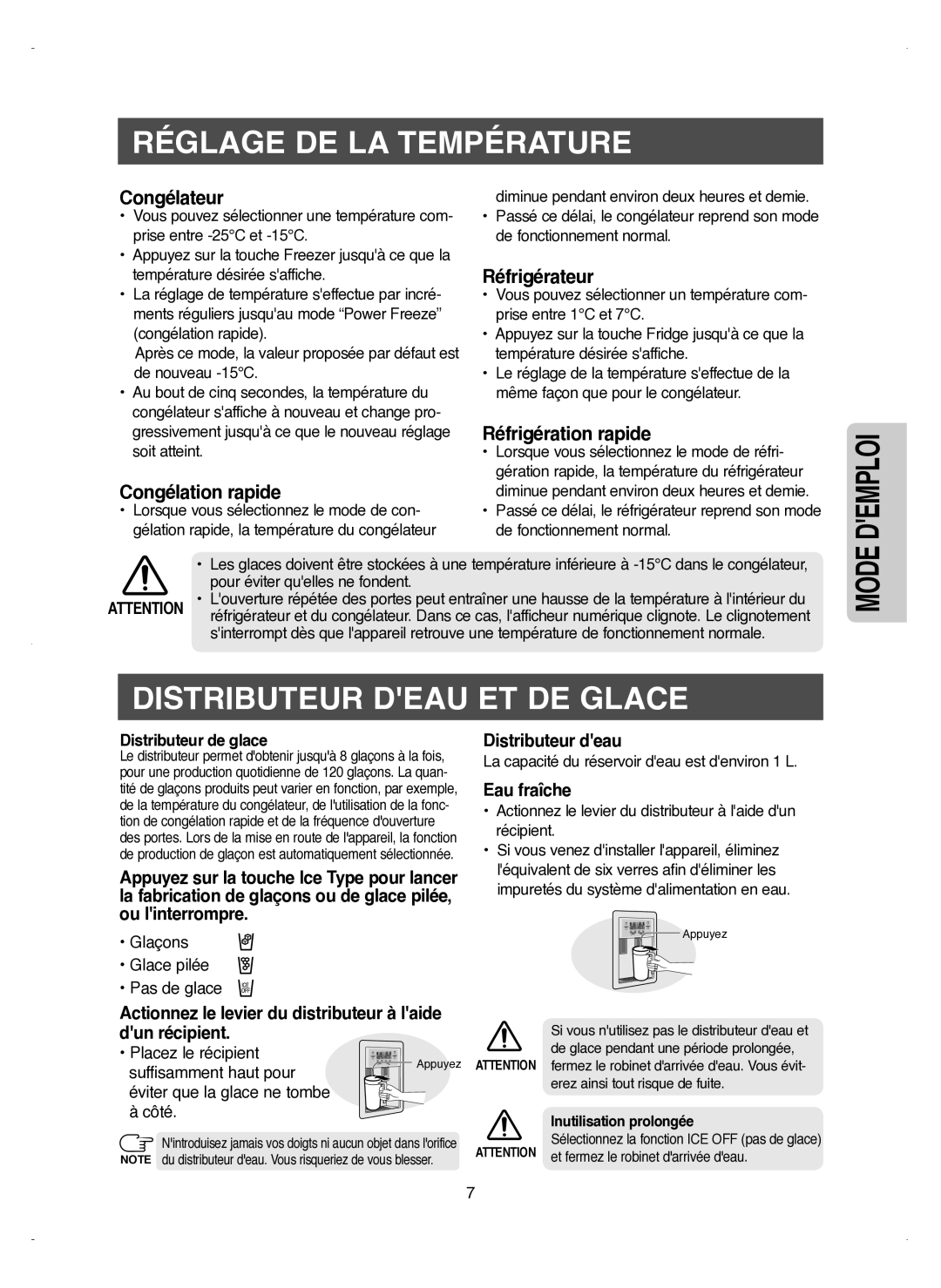 Samsung RM25KGRS1/XEF manual Réglage DE LA Température, Distributeur Deau ET DE Glace 