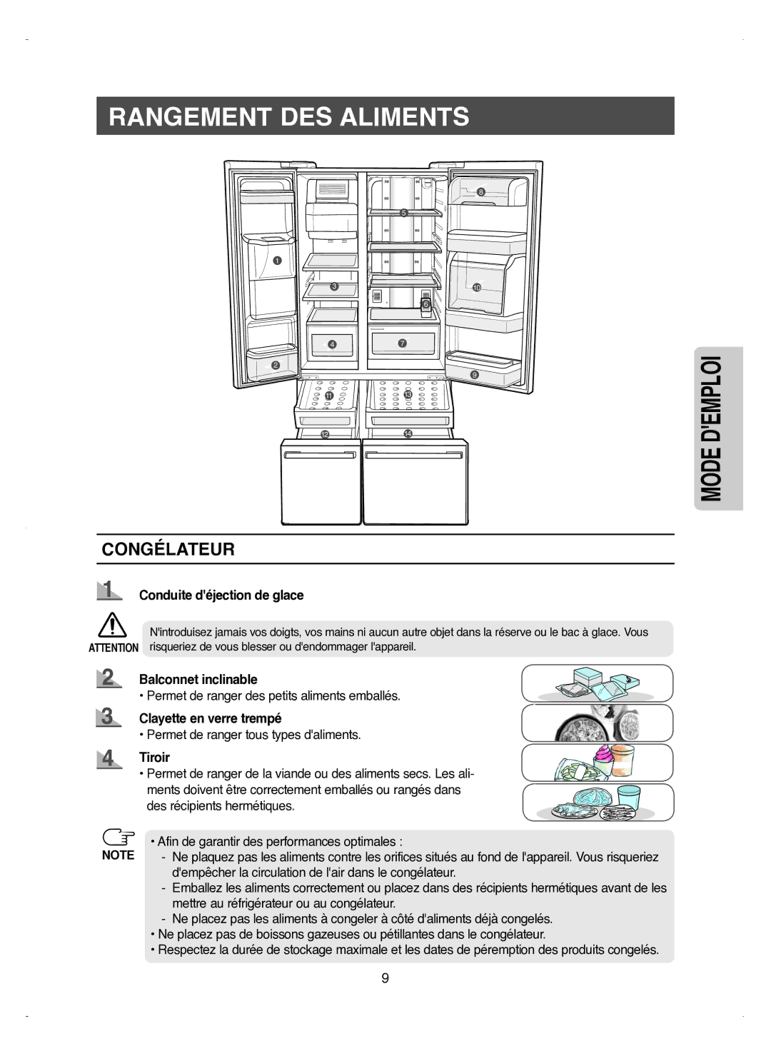 Samsung RM25KGRS1/XEF manual Rangement DES Aliments, Congélateur 