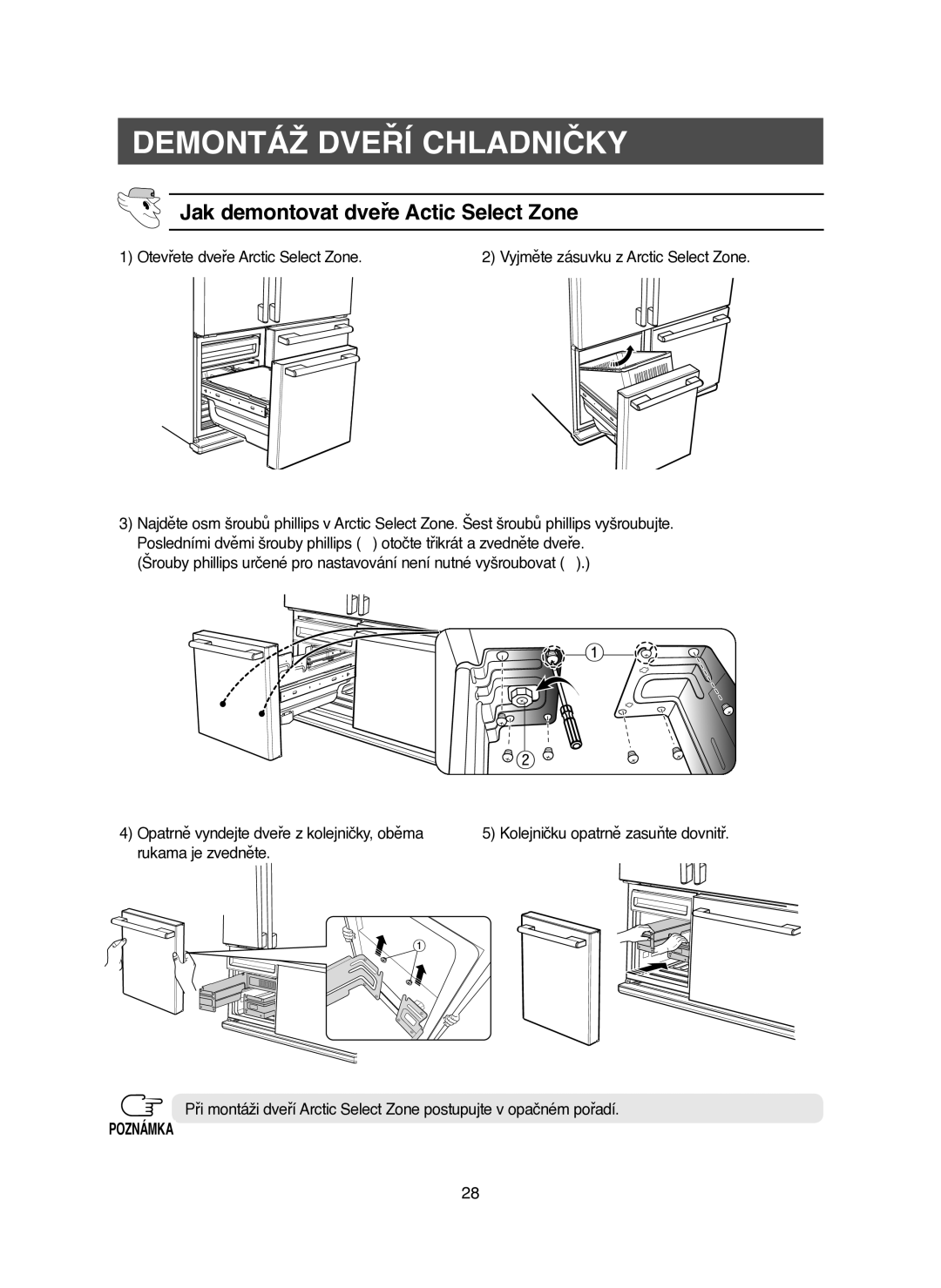 Samsung RM25KGRS1/XEH manual Jak demontovat dveře Actic Select Zone, Otevřete dveře Arctic Select Zone 