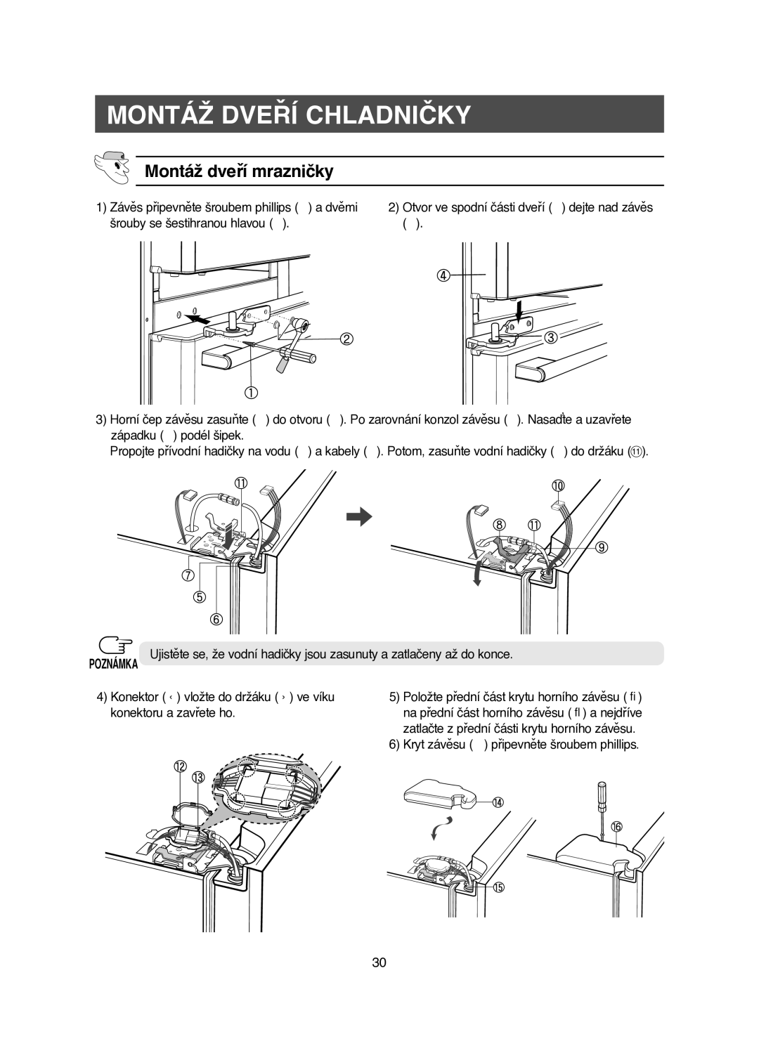 Samsung RM25KGRS1/XEH manual Montáž dveří chladničky, Montáž dveří mrazničky, Závěs připevněte šroubem phillips ➀ a dvěmi 