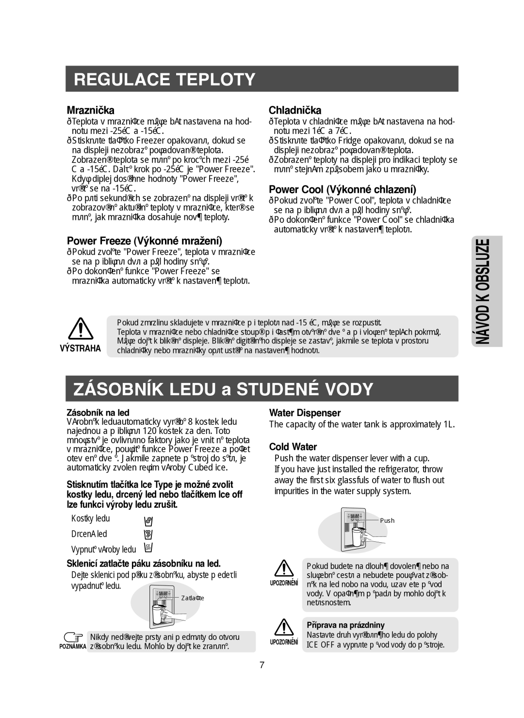 Samsung RM25KGRS1/XEH manual Regulace Teploty, Zásobník Ledu a Studené Vody, Obsluze, Návod, Zásobník na led 