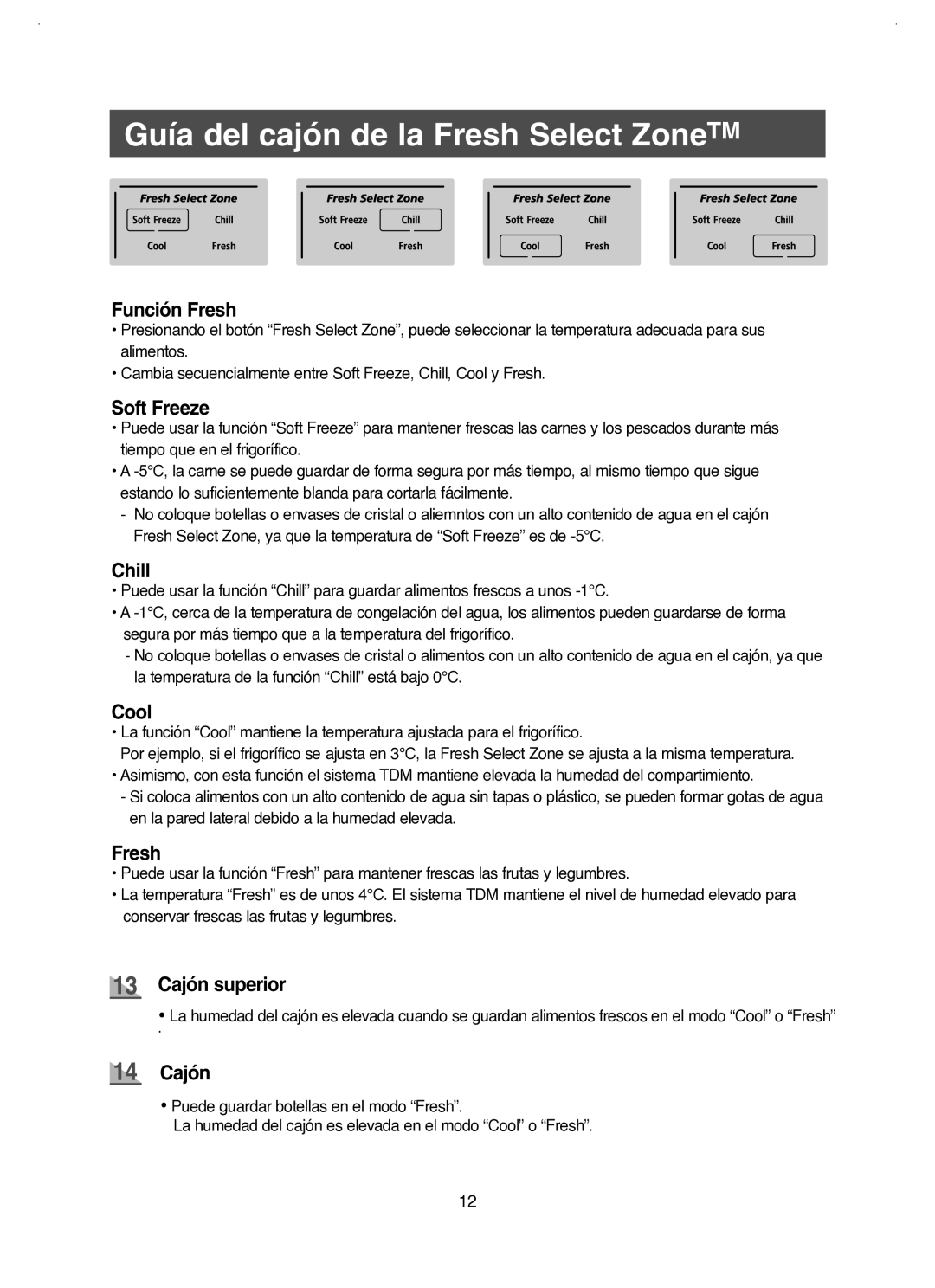 Samsung RM25KGRS1/XES manual Función Fresh, Chill, Cool, Cajón superior 