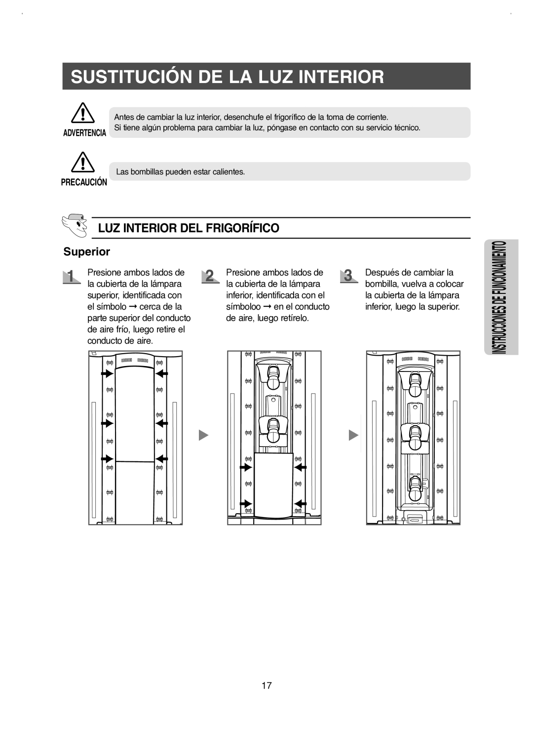 Samsung RM25KGRS1/XES manual Sustitución DE LA LUZ Interior, LUZ Interior DEL Frigorífico, Superior 