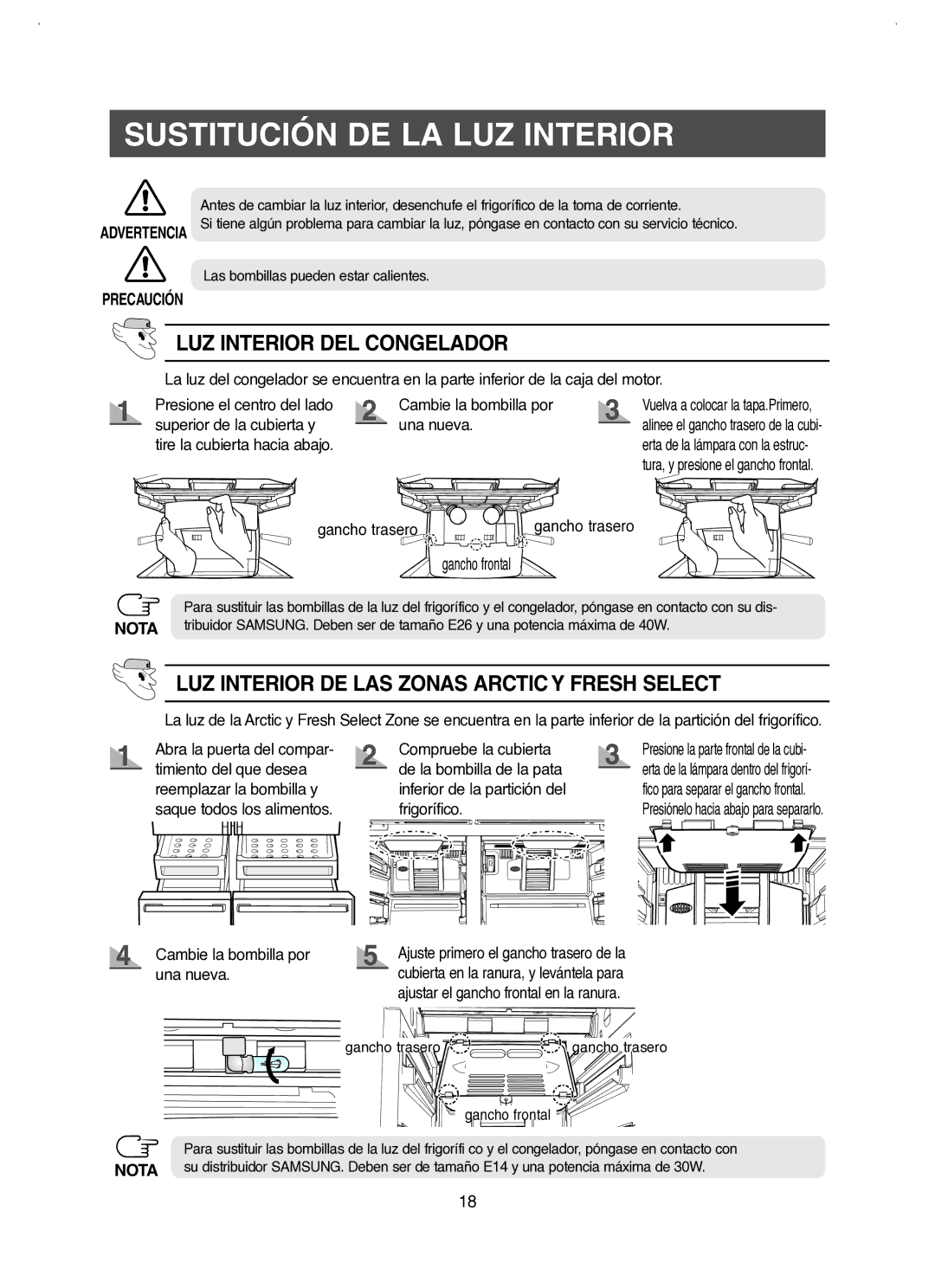 Samsung RM25KGRS1/XES manual LUZ Interior DEL Congelador, LUZ Interior DE LAS Zonas Arctic Y Fresh Select 