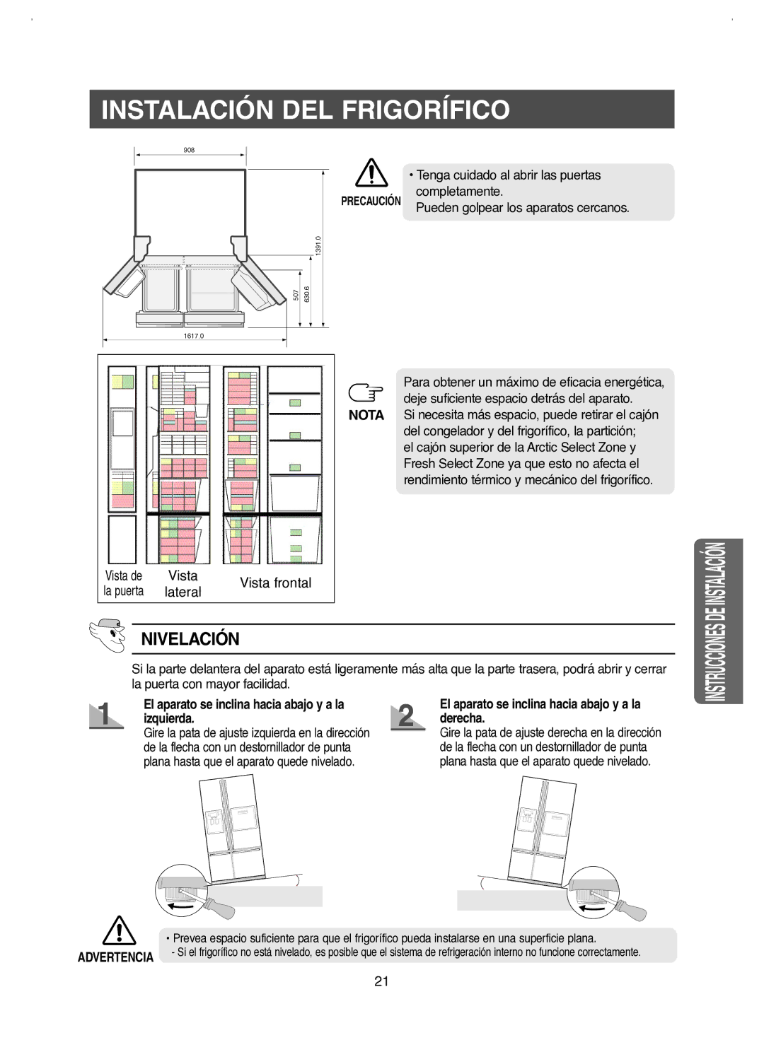 Samsung RM25KGRS1/XES Nivelación, Vista frontal, Lateral, Izquierda Derecha, El aparato se inclina hacia abajo y a la 