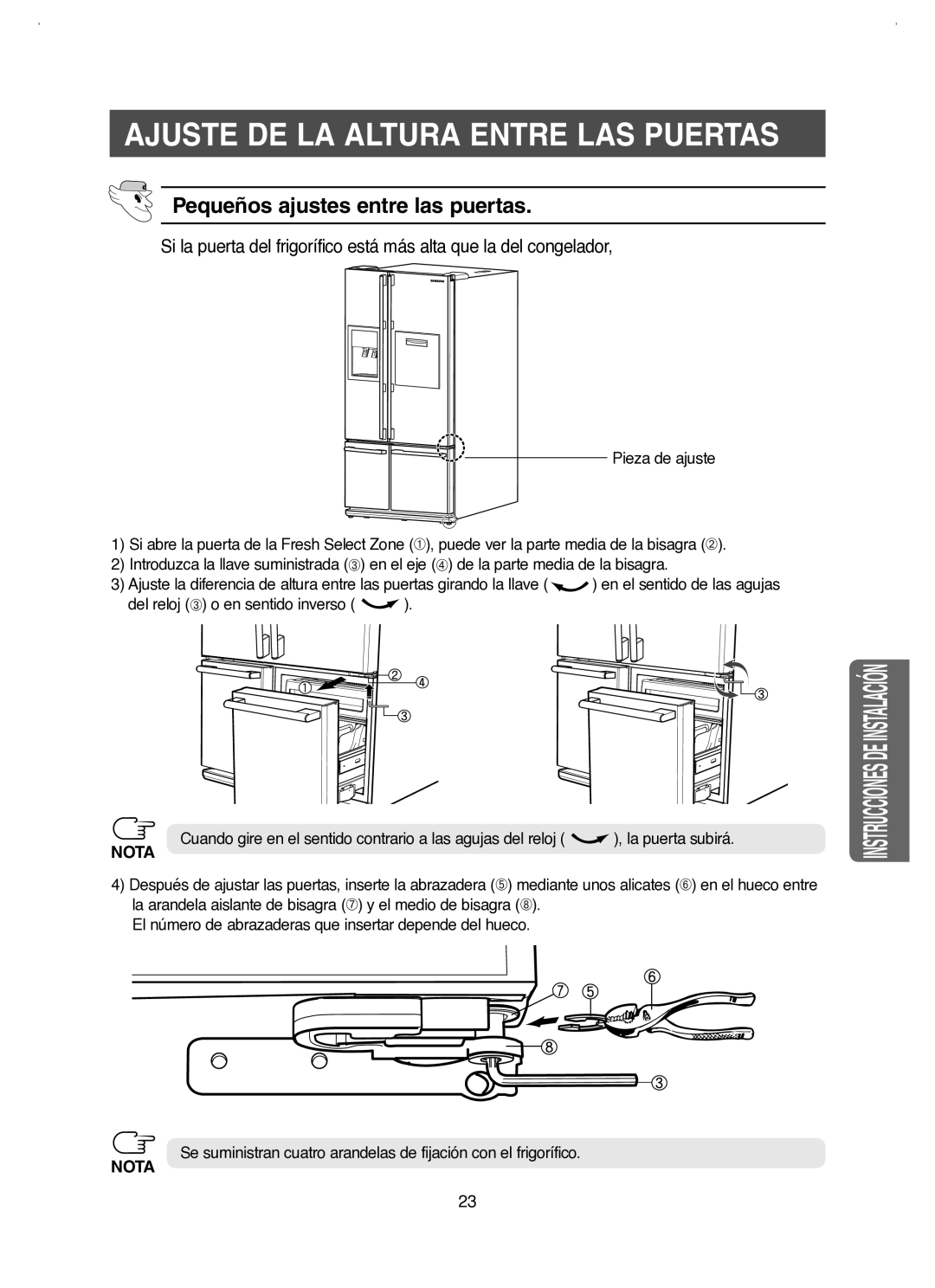 Samsung RM25KGRS1/XES manual Pequeños ajustes entre las puertas, Pieza de ajuste, Del reloj ➂ o en sentido inverso 