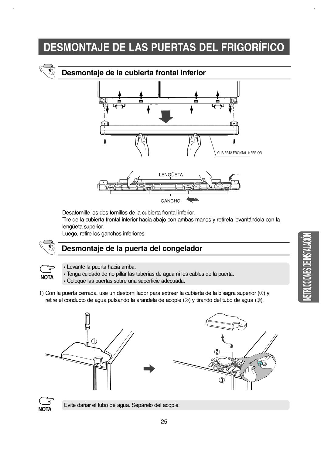 Samsung RM25KGRS1/XES manual Desmontaje DE LAS Puertas DEL Frigorífico, Desmontaje de la cubierta frontal inferior 