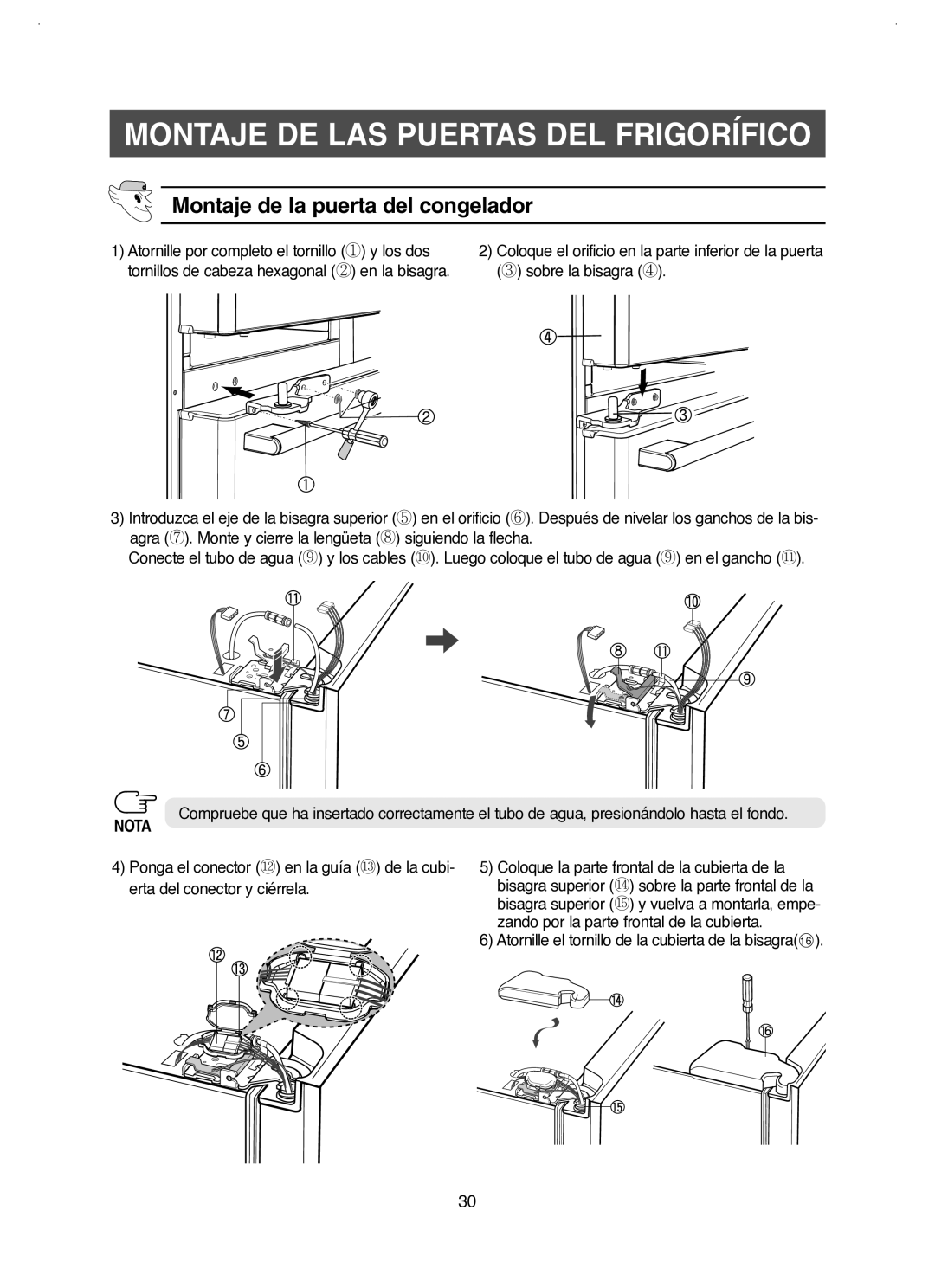 Samsung RM25KGRS1/XES manual Montaje DE LAS Puertas DEL Frigorífico, Montaje de la puerta del congelador 