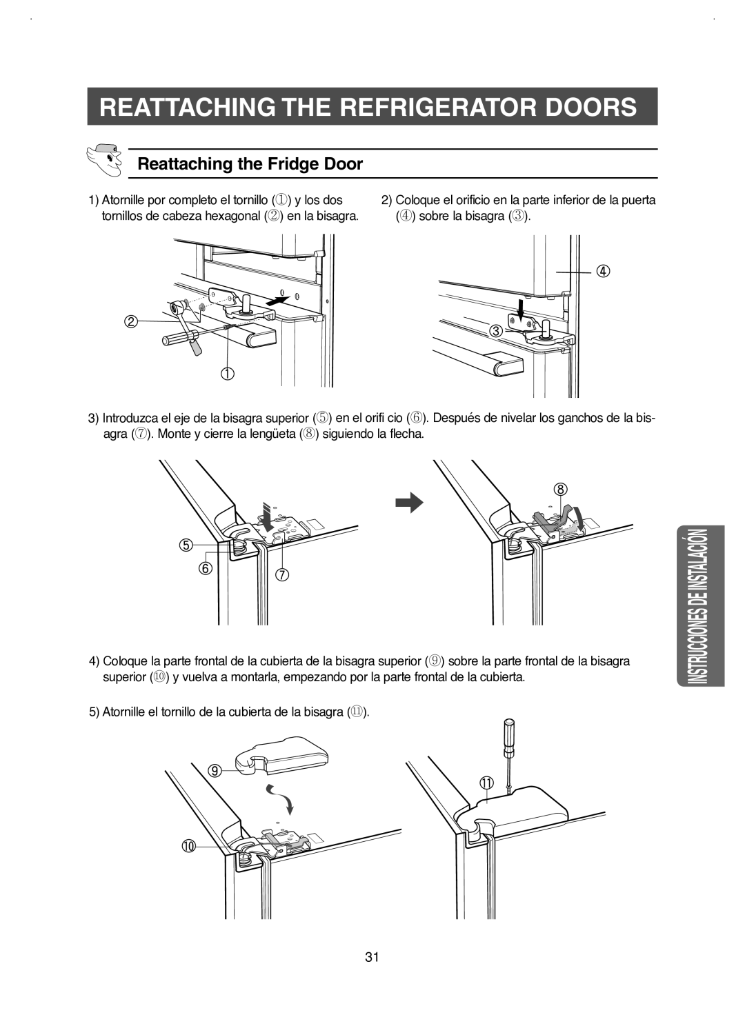 Samsung RM25KGRS1/XES manual Reattaching the refrigerator doors, Reattaching the Fridge Door 