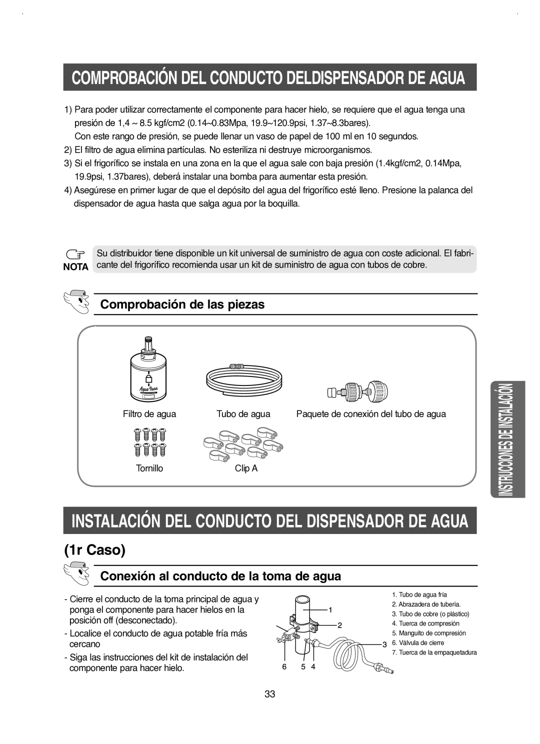 Samsung RM25KGRS1/XES manual Comprobación de las piezas, Conexión al conducto de la toma de agua, Tubo de agua, Tornillo 