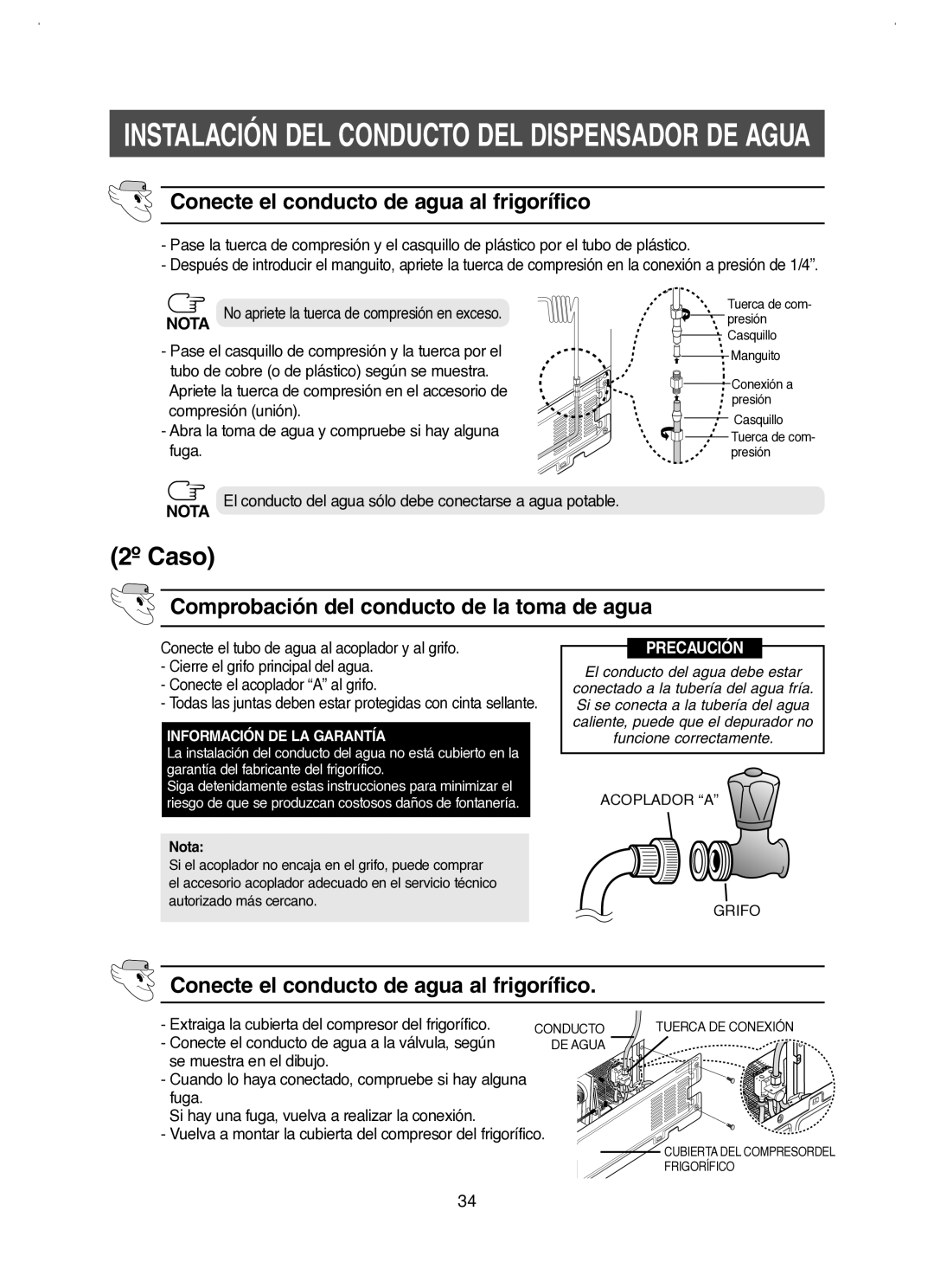 Samsung RM25KGRS1/XES manual Conecte el conducto de agua al frigorífico, Comprobación del conducto de la toma de agua 