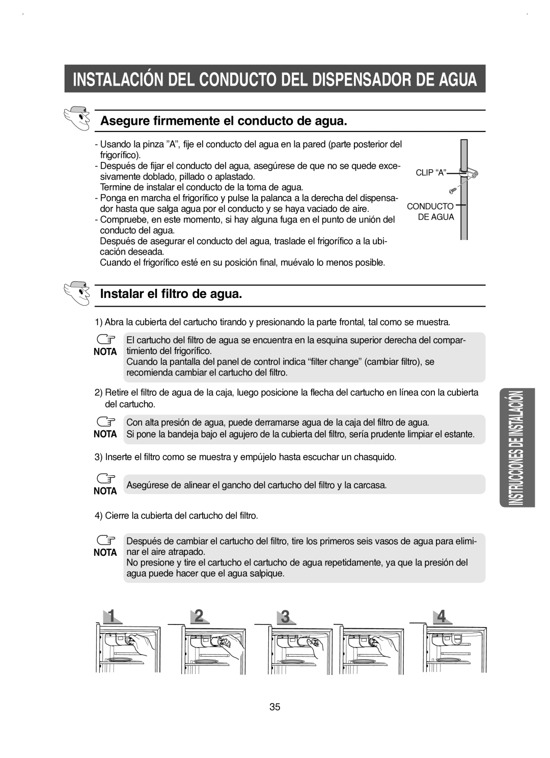 Samsung RM25KGRS1/XES manual Asegure firmemente el conducto de agua, Instalar el filtro de agua 