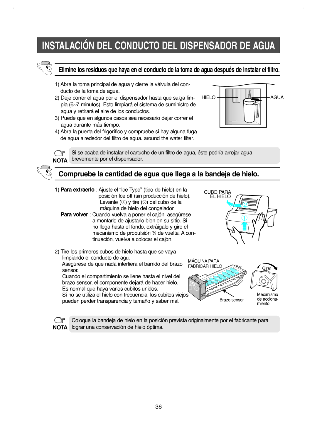 Samsung RM25KGRS1/XES Pia 6~7 minutos. Esto limpiará el sistema de suministro de, Agua y retirará el aire de los conductos 