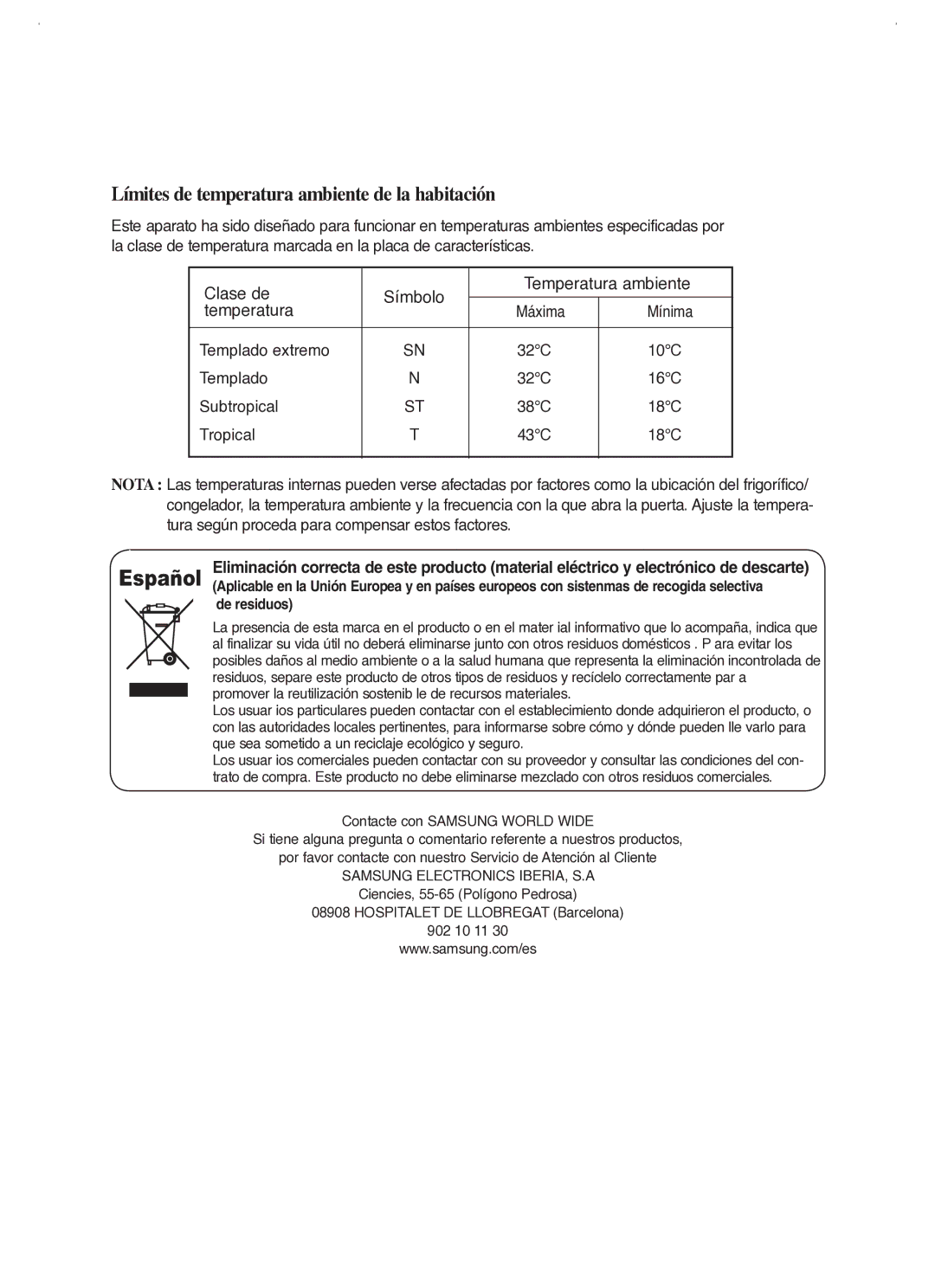 Samsung RM25KGRS1/XES manual Límites de temperatura ambiente de la habitación, De residuos 