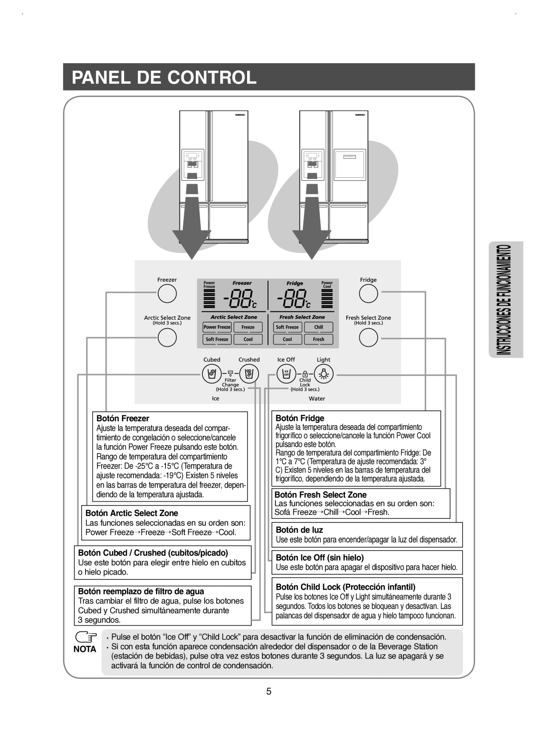 Samsung RM25KGRS1/XES manual Panel DE Control, Botón Freezer, Botón Arctic Select Zone 