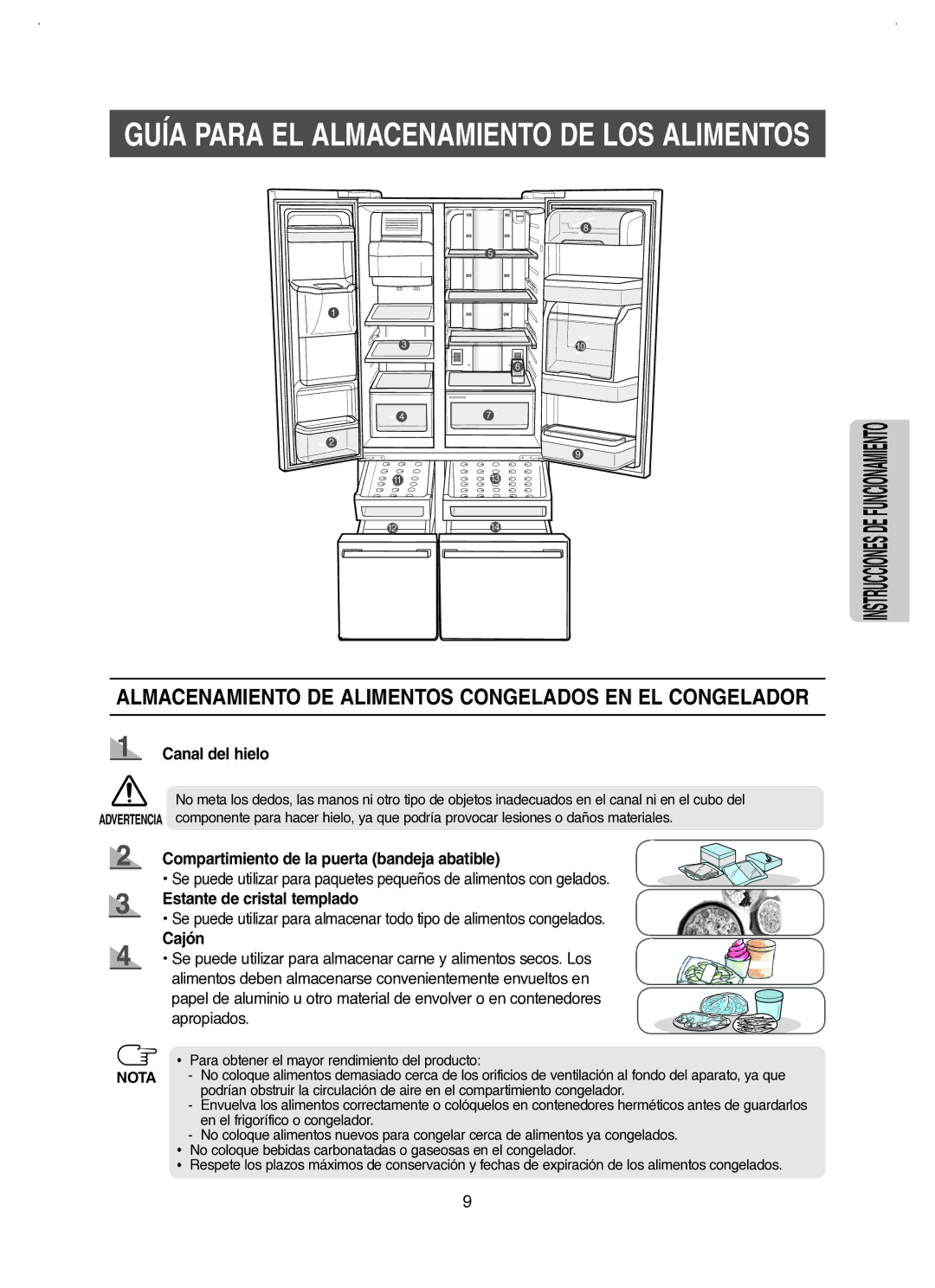 Samsung RM25KGRS1/XES manual Almacenamiento DE Alimentos Congelados EN EL Congelador, Canal del hielo, Cajón 