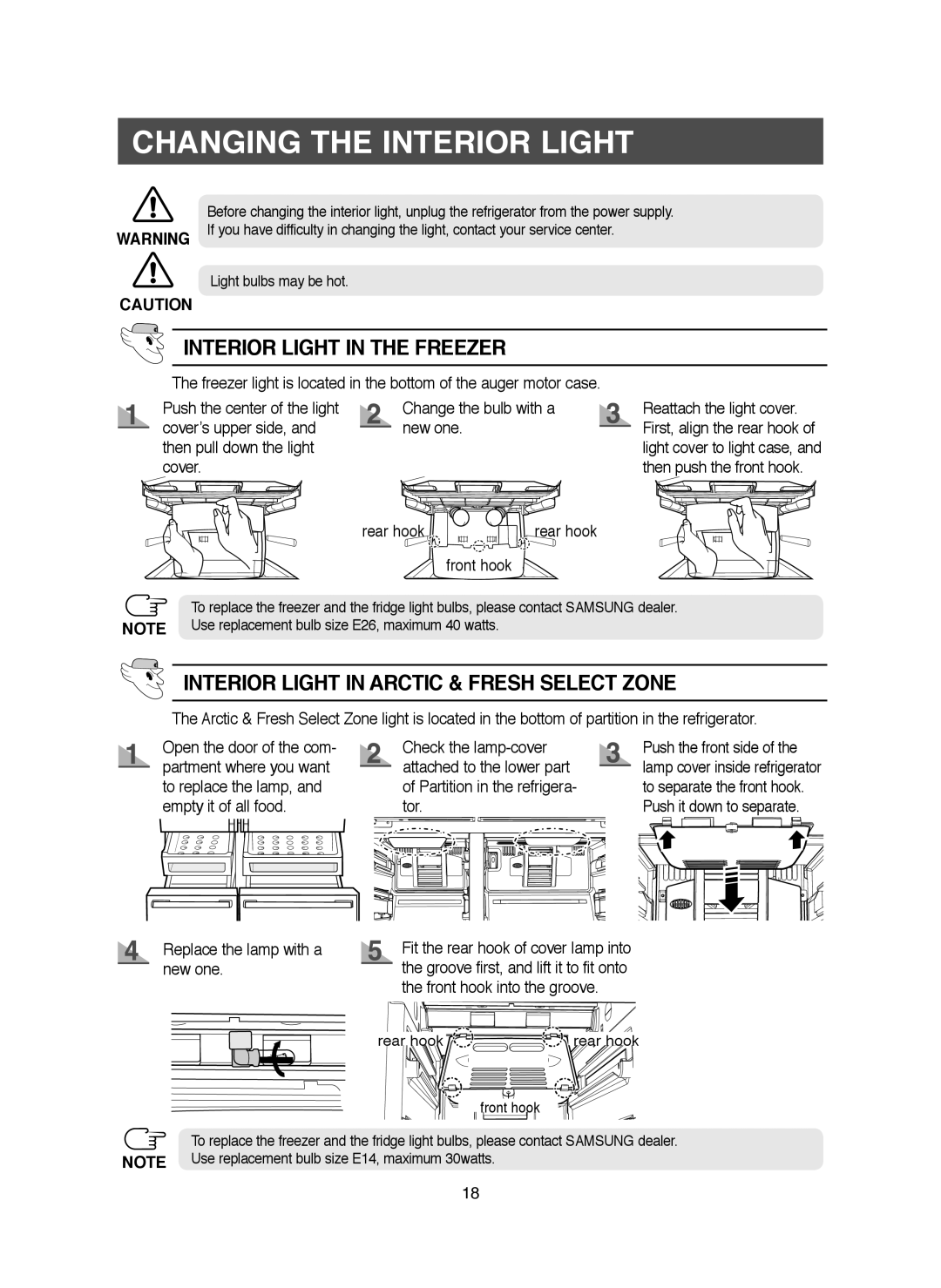 Samsung RM25KGRS1/XET, RM25KGRS1/XEH manual Interior Light in the Freezer, Interior Light in Arctic & Fresh Select Zone 