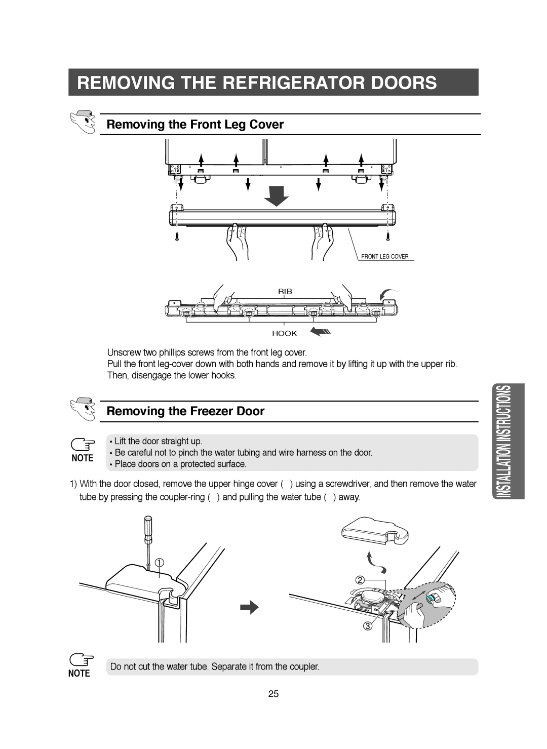 Samsung RM25KGRS1/XEH manual Removing the refrigerator doors, Removing the Front Leg Cover, Removing the Freezer Door 