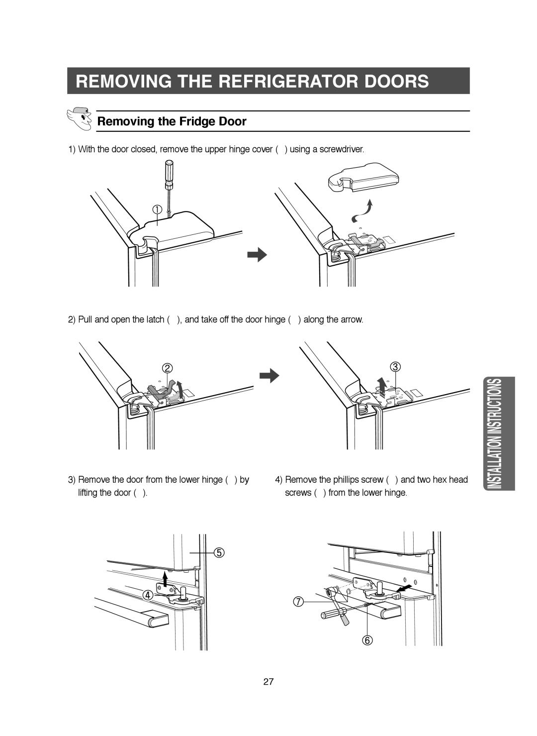 Samsung RM25KGRS1/XEH, RM25KGRS1/XET manual Removing the Fridge Door 