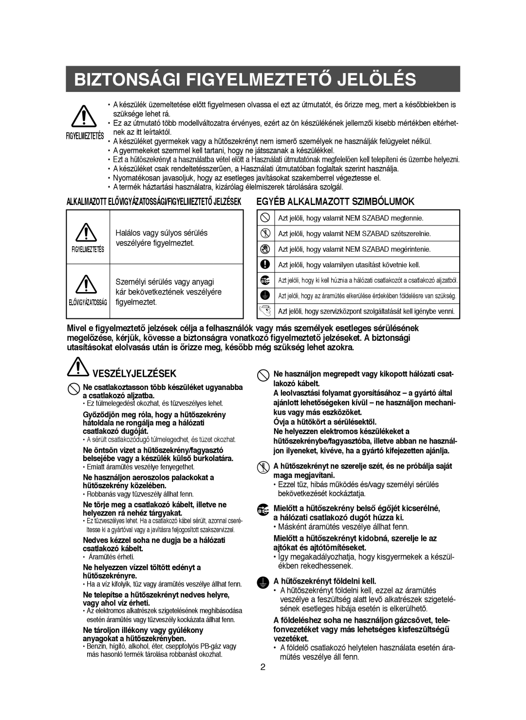 Samsung RM25KGRS1/XET, RM25KGRS1/XEH manual Biztonsági Figyelmeztető Jelölés, Szüksége lehet rá 