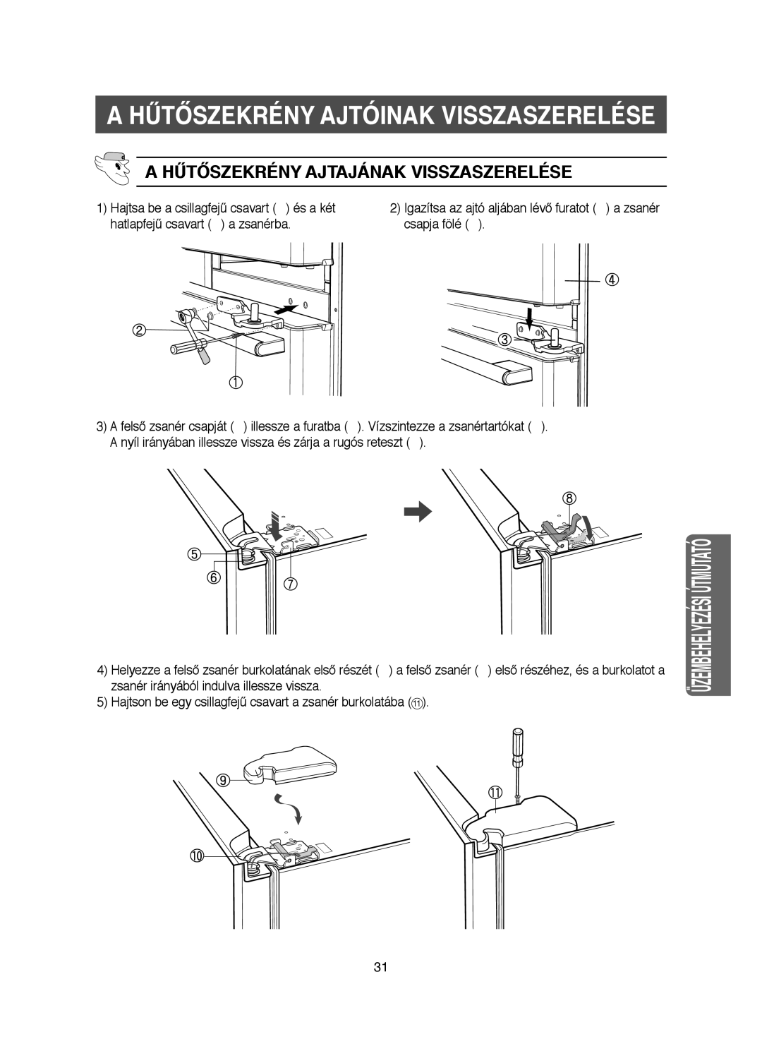 Samsung RM25KGRS1/XEH, RM25KGRS1/XET manual Hűtőszekrény Ajtajának Visszaszerelése 