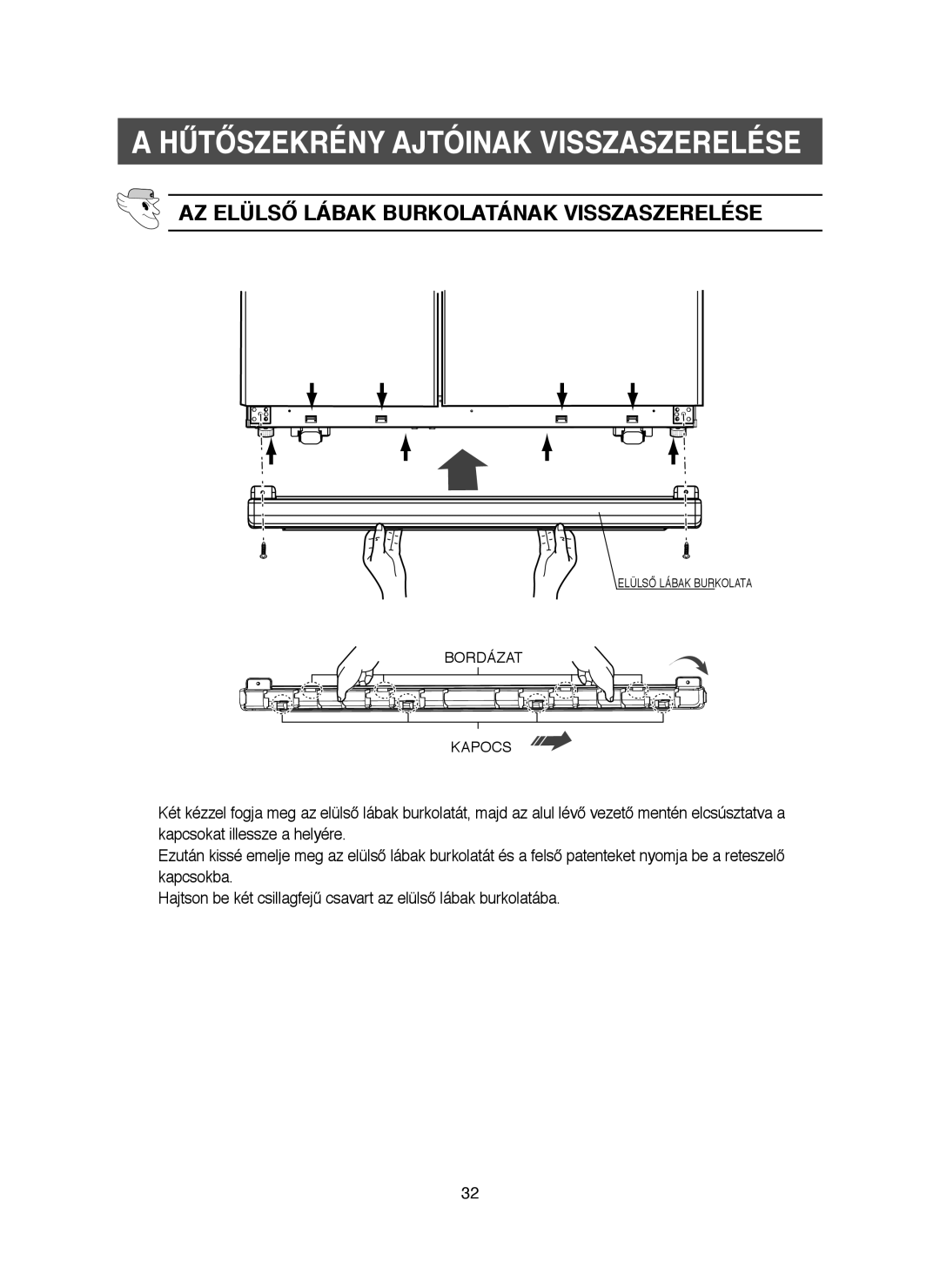 Samsung RM25KGRS1/XET, RM25KGRS1/XEH manual AZ Elülső Lábak Burkolatának Visszaszerelése 