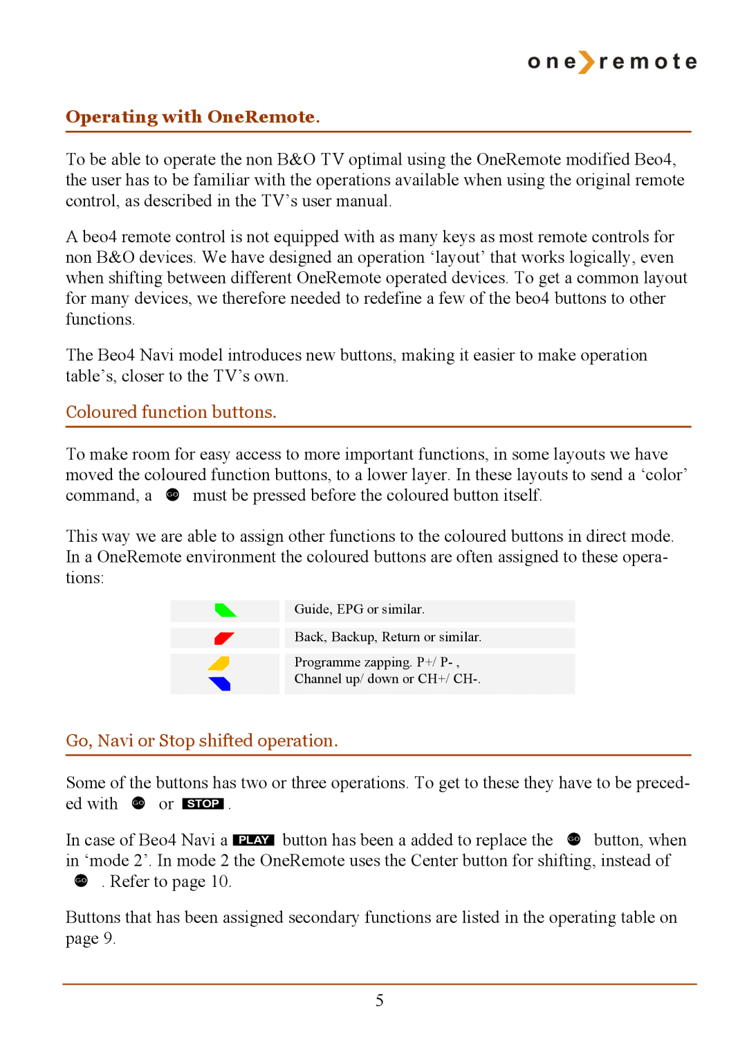 Samsung RMB4 manual Operating with OneRemote, Coloured function buttons, Go, Navi or Stop shifted operation 