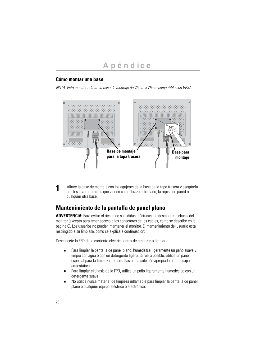 Samsung CN15LSAS/EDC, RN15LSTSN/EDC Mantenimiento de la pantalla de panel plano, Cómo montar una base, Base de montaje 