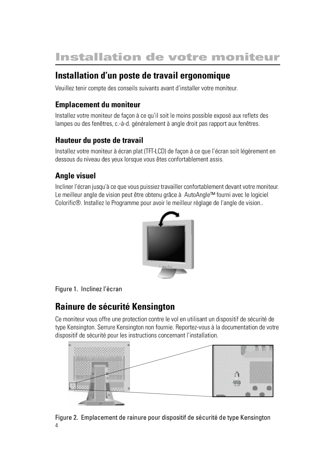 Samsung RN15PSSPN/EDC manual Installation d’un poste de travail ergonomique, Rainure de sécurité Kensington, Angle visuel 