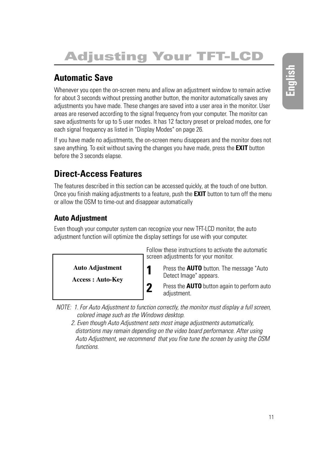 Samsung 570PTFT, RN15PSSSNC/EDC manual Automatic Save, Direct-Access Features, Auto Adjustment, Detect Image appears 