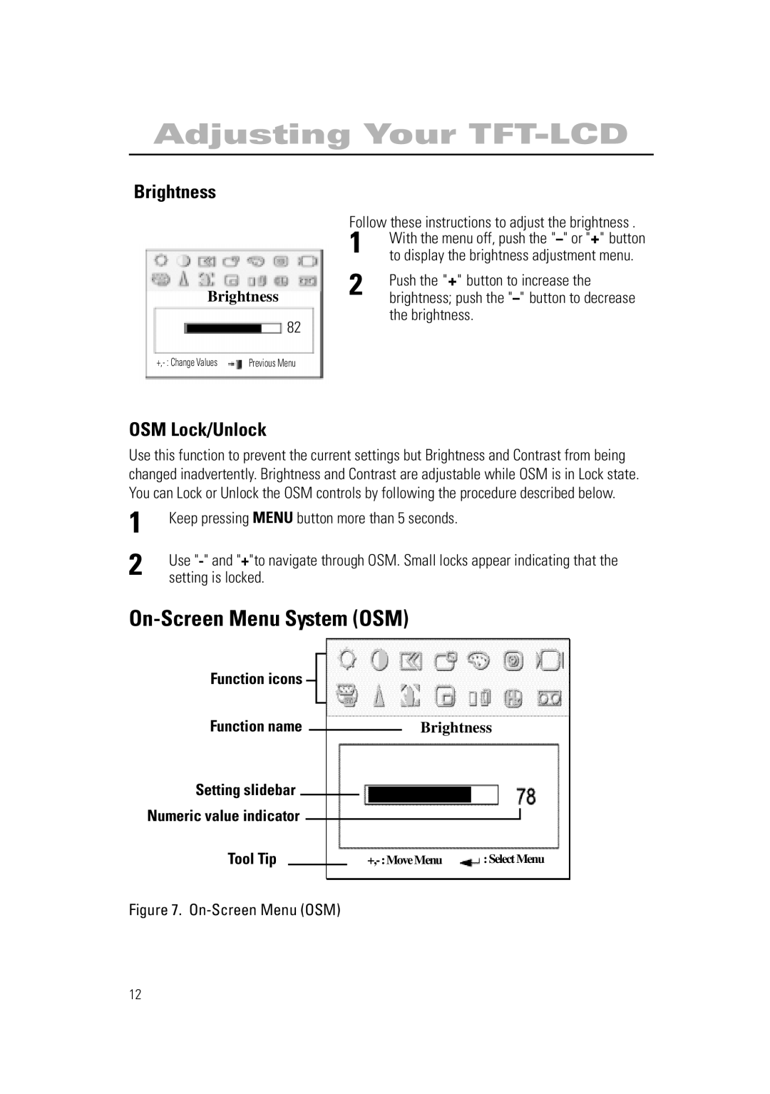 Samsung RN15PSSSNC/EDC, RN15PSSANC/EDC, 570PTFT manual On-Screen Menu System OSM, Brightness, OSM Lock/Unlock, Function icons 