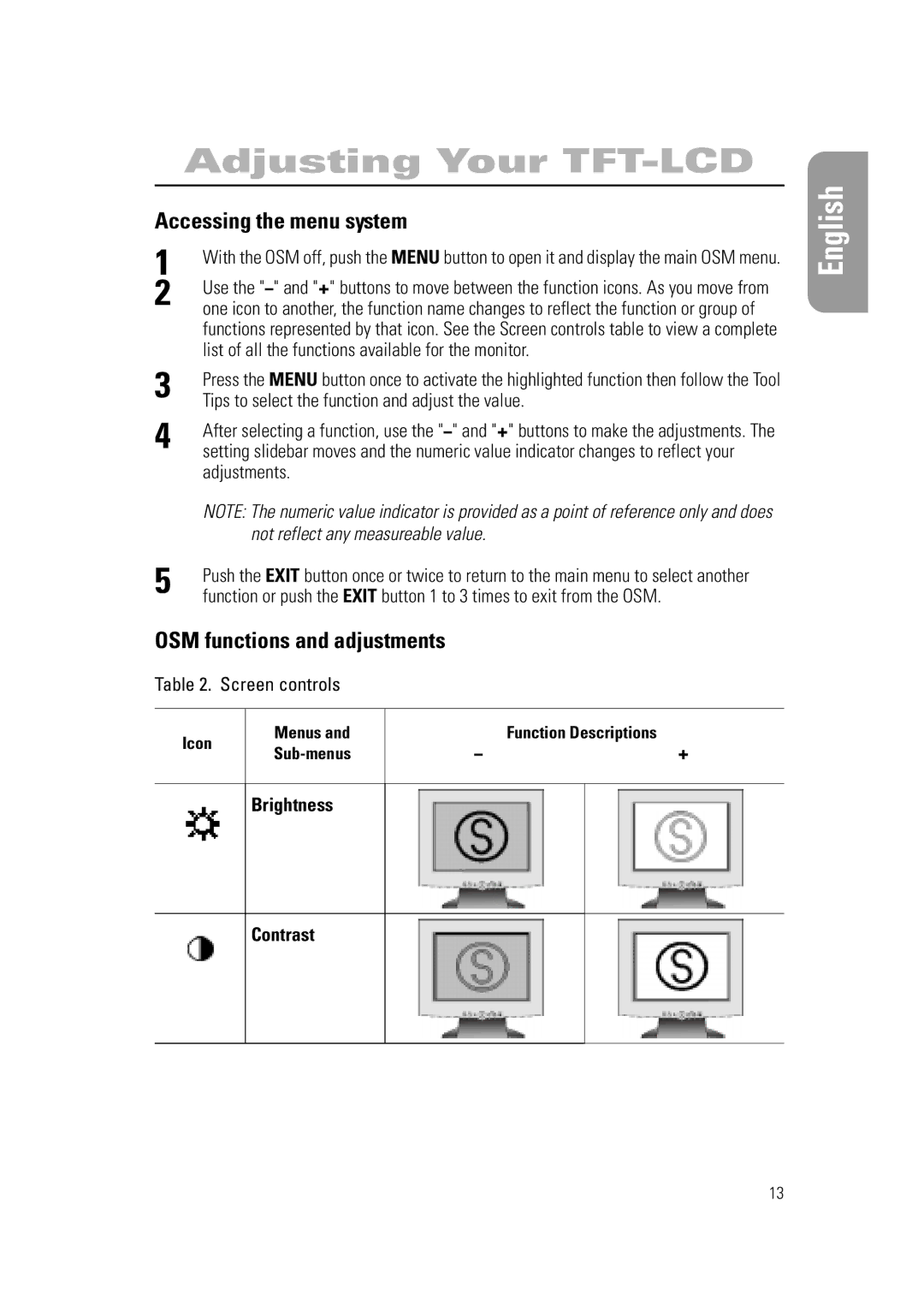 Samsung RN15PSSANC/EDC, RN15PSSSNC/EDC manual Accessing the menu system, OSM functions and adjustments, Brightness Contrast 